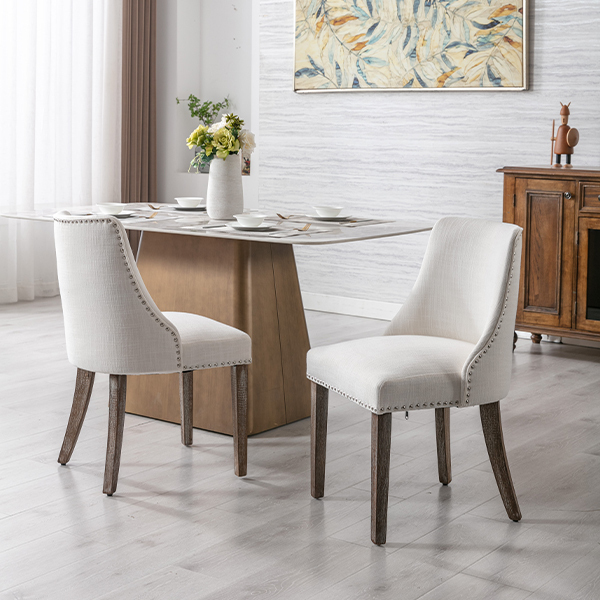 Eloise Linen Dining Chairs (Set of 2)-Daya Lane-farmhouse,DR,mid century modern,Dining Chairs,Dark Wood,Wood,Fabric,button tufted,nails,DC