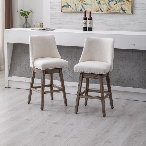 Branxton 27" Linen Counter Bar Stool (Set of 2)-Daya Lane-Modern,DR,Wood,Dark Wood,Dining Chairs,Stools & Bar Stools,Fabric,button tufted,CS,nails,farmhouse