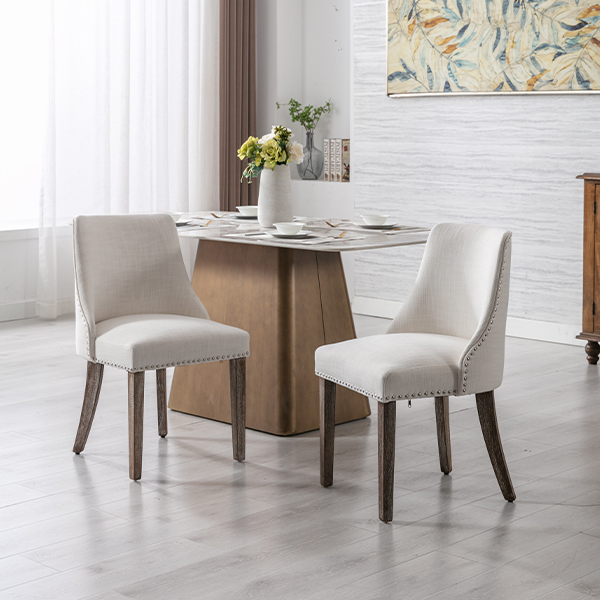 Eloise Linen Dining Chairs (Set of 2)-Daya Lane-farmhouse,DR,mid century modern,Dining Chairs,Dark Wood,Wood,Fabric,button tufted,nails,DC