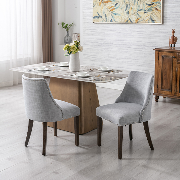 Eloise Linen Dining Chairs (Set of 2)-Daya Lane-farmhouse,DR,mid century modern,Dining Chairs,Dark Wood,Wood,Fabric,button tufted,nails,DC