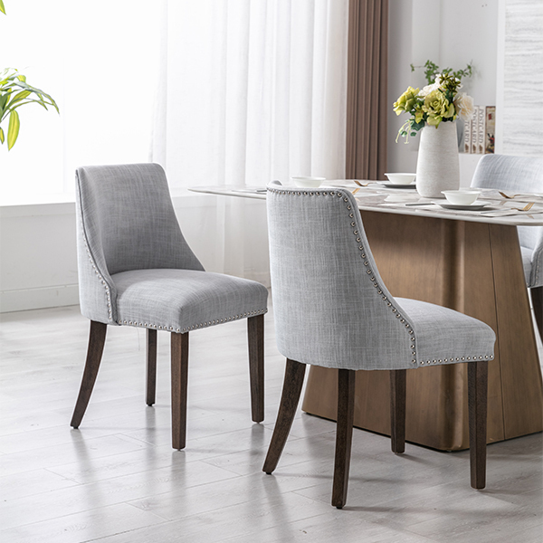 Eloise Linen Dining Chairs (Set of 2)-Daya Lane-farmhouse,DR,mid century modern,Dining Chairs,Dark Wood,Wood,Fabric,button tufted,nails,DC