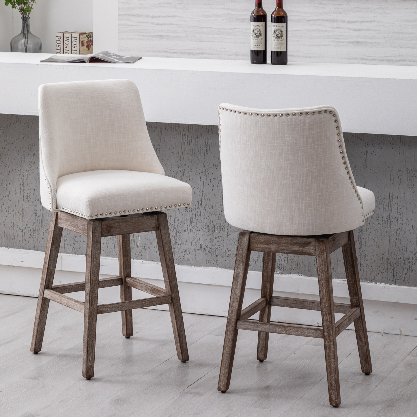 Branxton 27" Linen Counter Bar Stool (Set of 2)-Daya Lane-Modern,DR,Wood,Dark Wood,Dining Chairs,Stools & Bar Stools,Fabric,button tufted,CS,nails,farmhouse