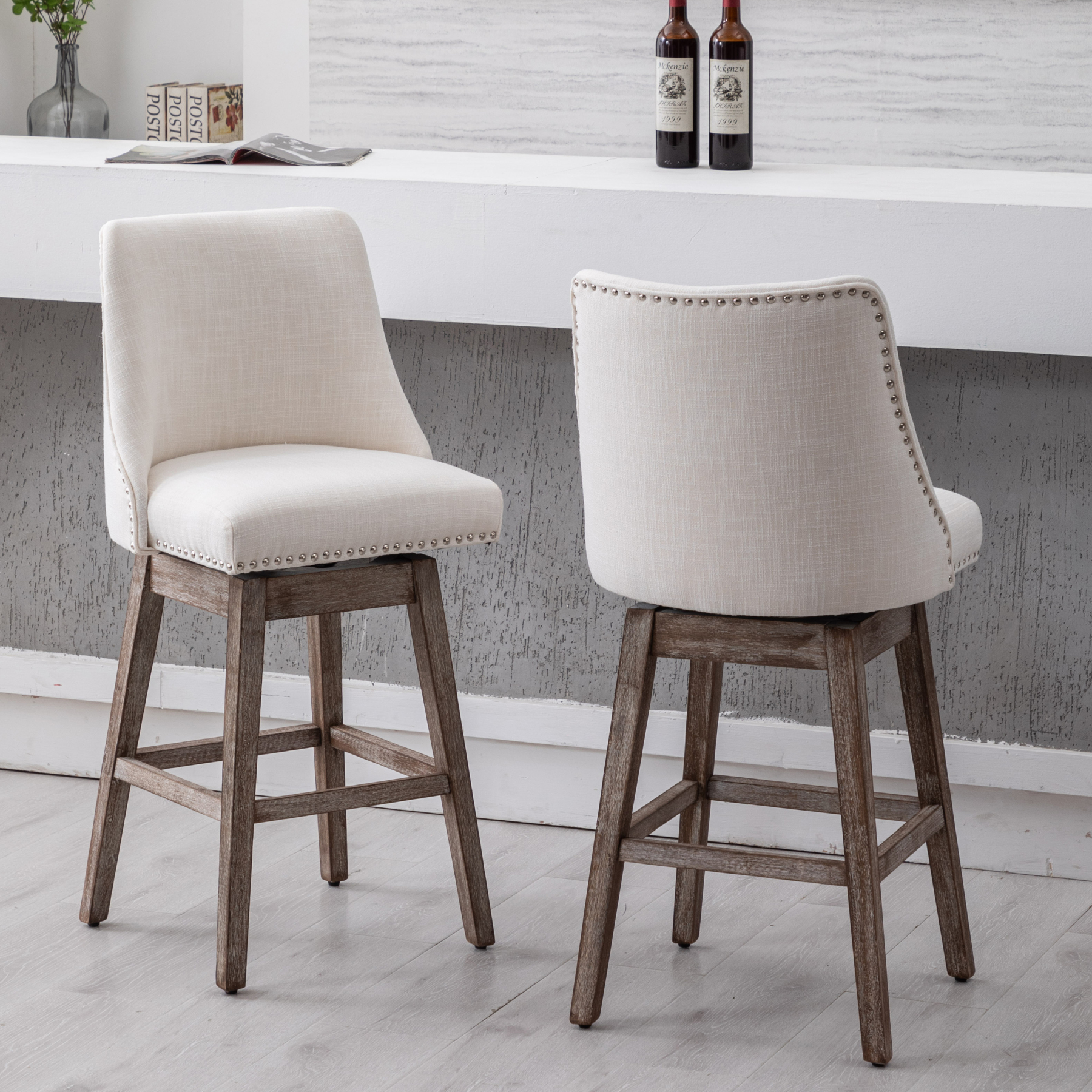 Branxton 27" Linen Counter Bar Stool (Set of 2)-Daya Lane-Modern,DR,Wood,Dark Wood,Dining Chairs,Stools & Bar Stools,Fabric,button tufted,CS,nails,farmhouse