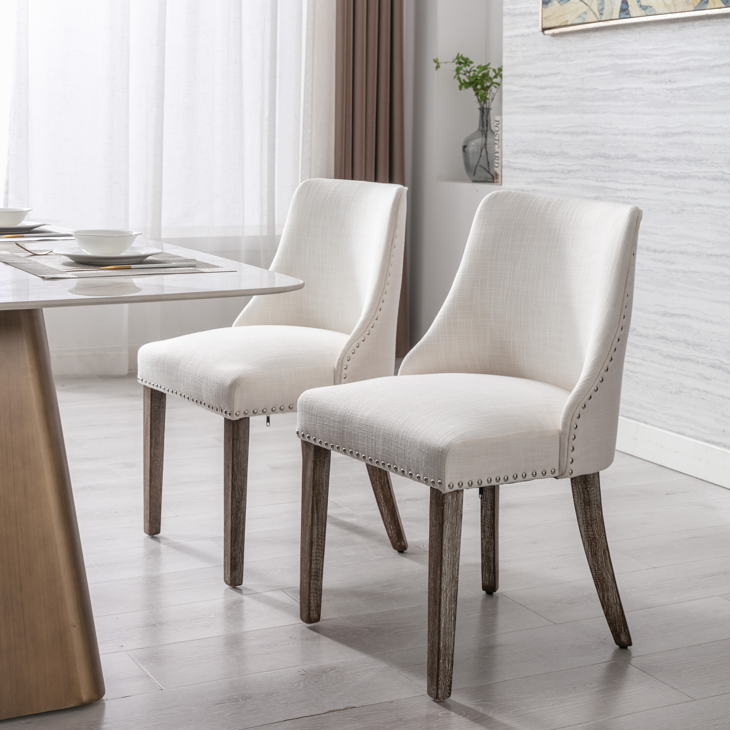 Eloise Linen Dining Chairs (Set of 2)-Daya Lane-farmhouse,DR,mid century modern,Dining Chairs,Dark Wood,Wood,Fabric,button tufted,nails,DC