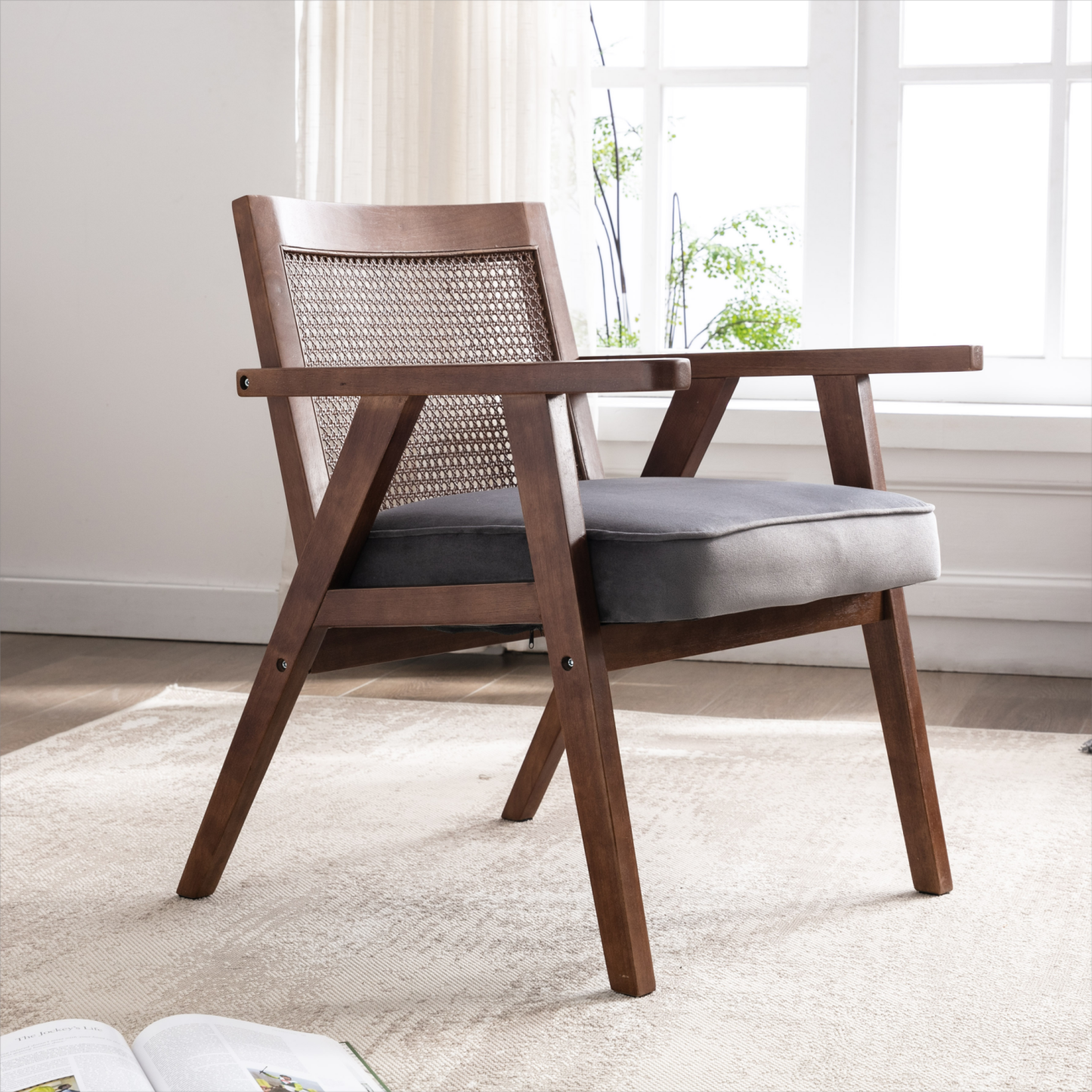 Upholstered Cane Lounge Chair