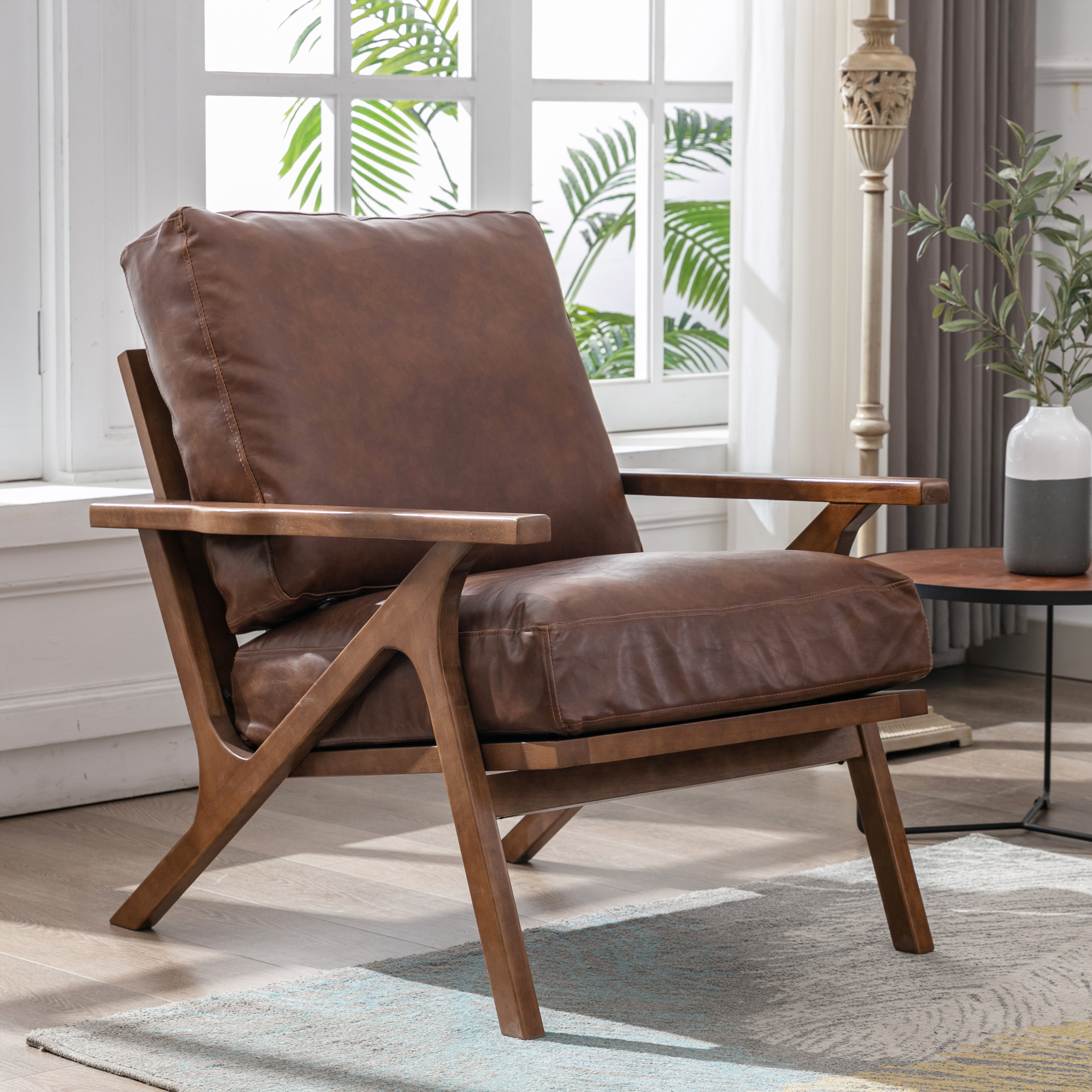 Charles Leather Lounge Armchair-Daya Lane-Armchairs & Accent Chairs,Wood,Dark Wood,Leather,LV,mid century modern,AC