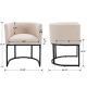 Industrial upholstered dining chairs with dimension diagram showing seat width, height, and black metal bas