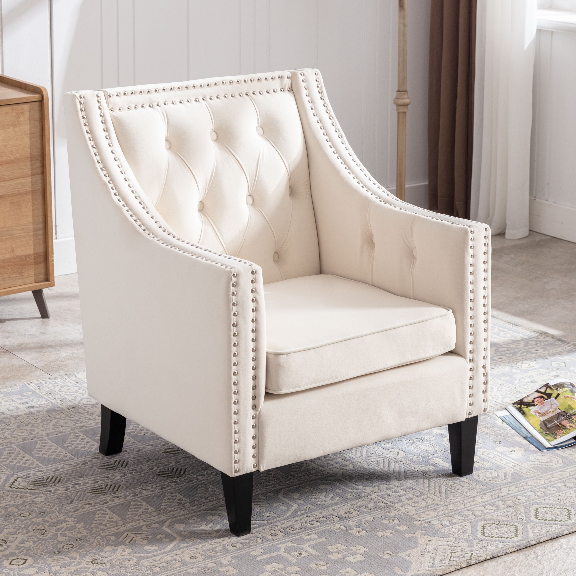 VESCASA Wingback Velvet Nailhead Trim Accent Arm Chair, Tufted Side Chair with Wood Legs