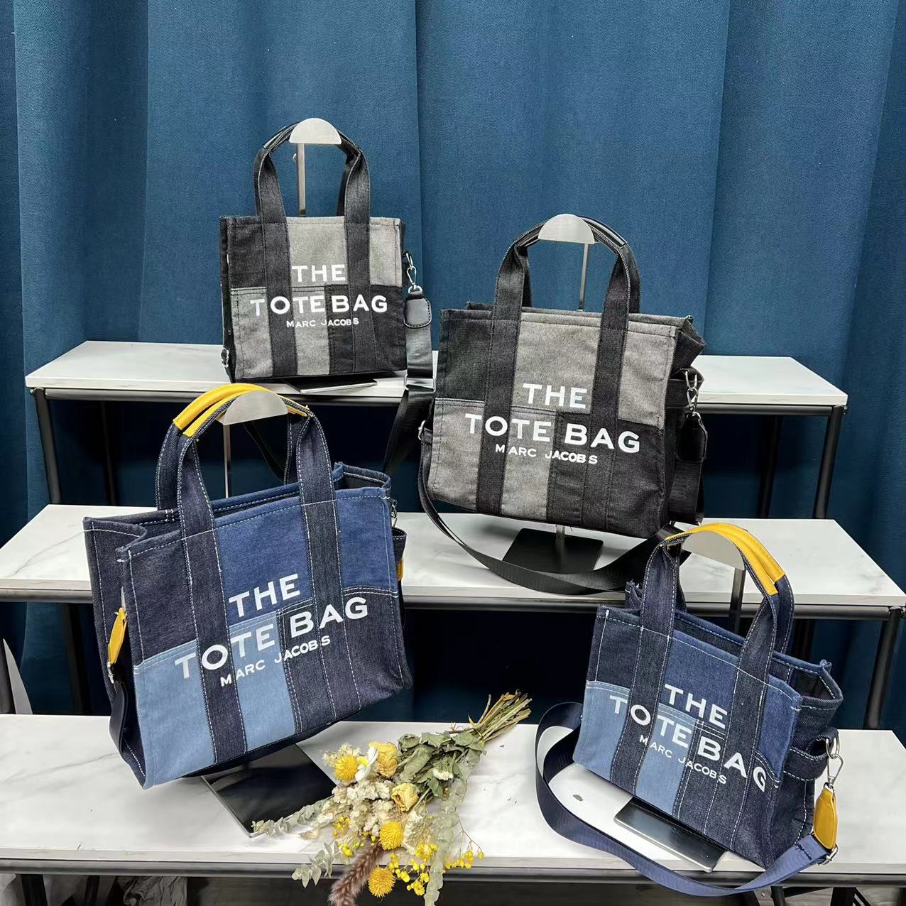 Patched denim canvas tote bag shoulder messenger bag (BG10019)