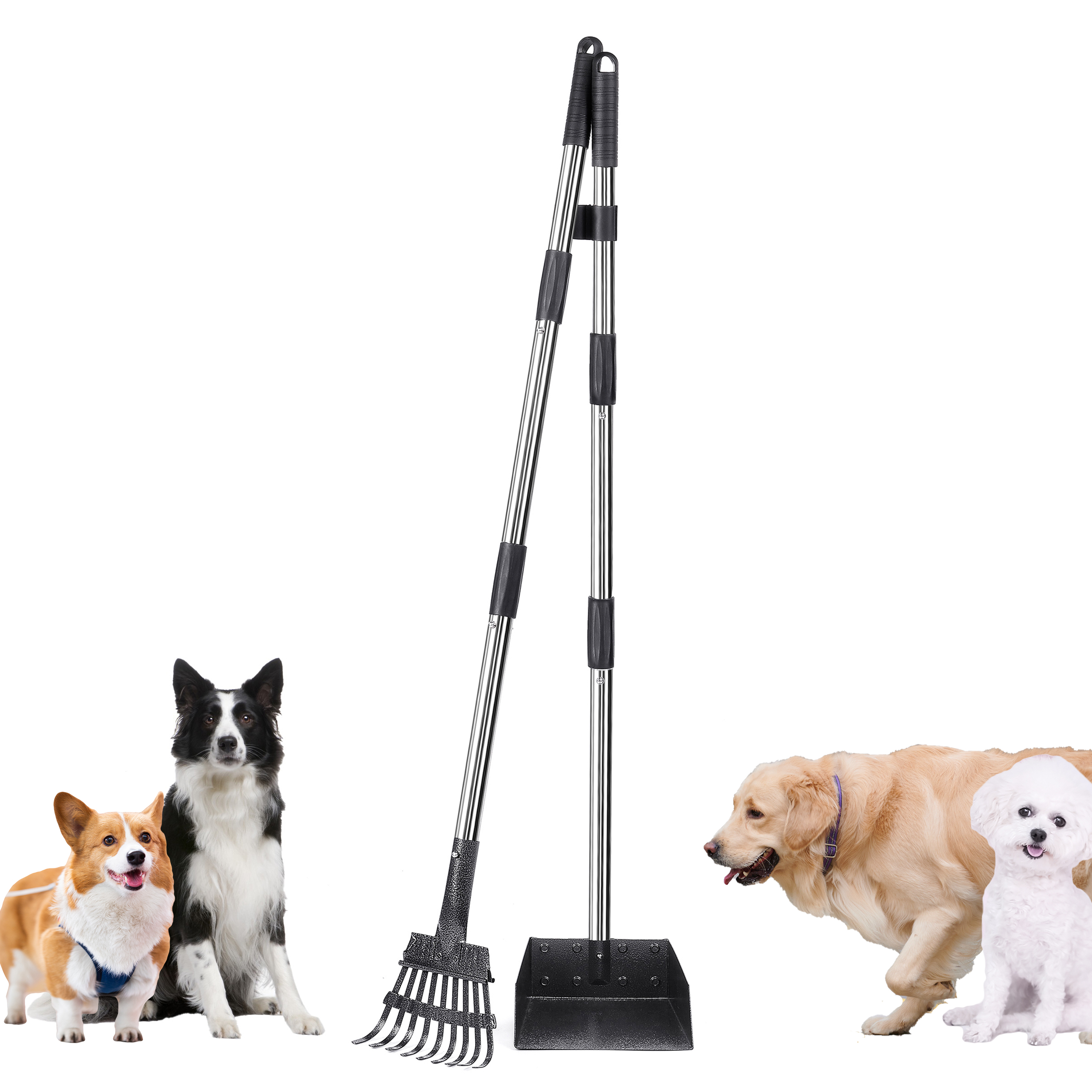 Suchown Dog Pooper Scooper, Tray and Rake 2 Pack Poop Scooper Adjustable Long Handle Metal with Bin for Pet Waste Removal, No Bending Clean Up Dog Pooper Scooper for Large, Medium and Small Dogs
