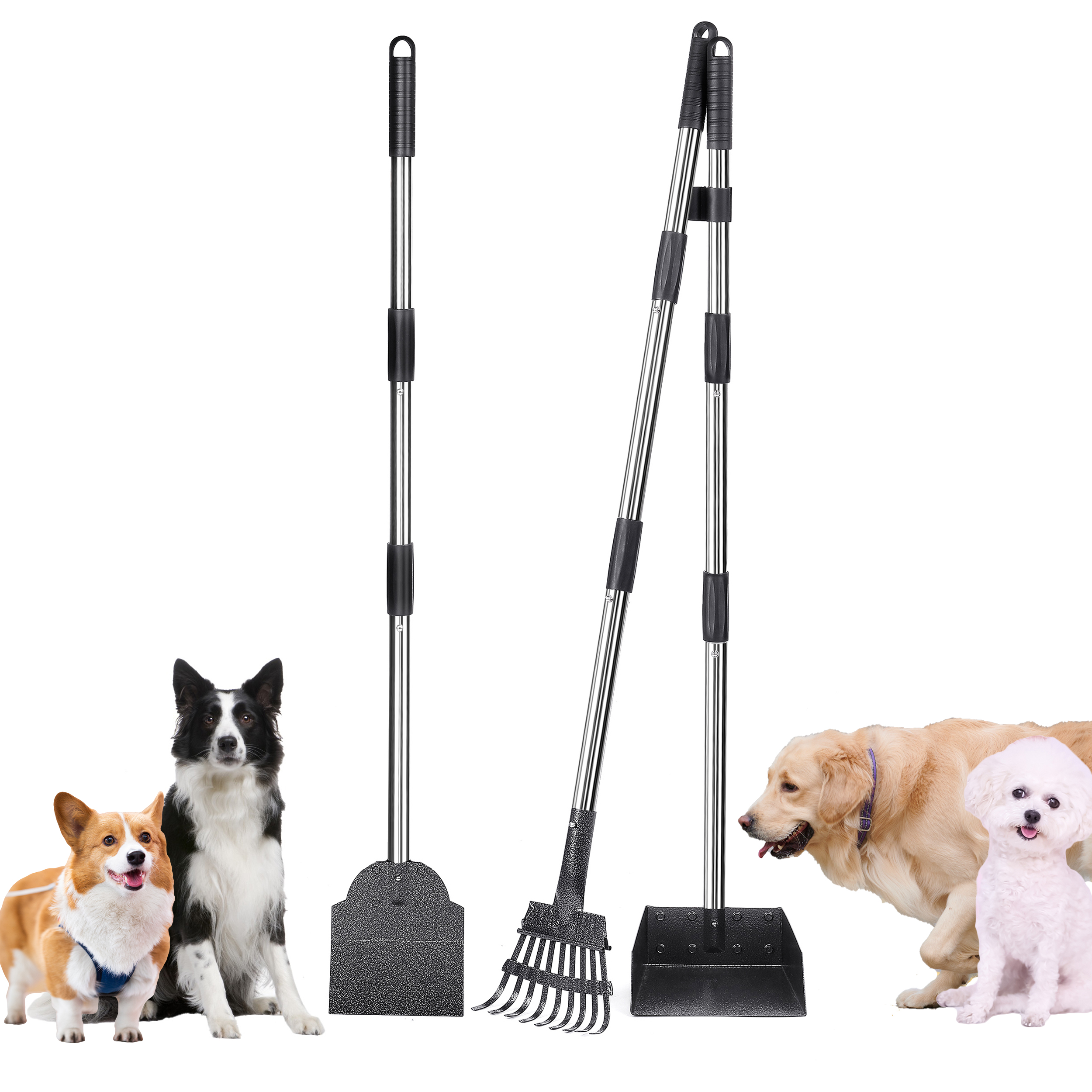 Suchown Dog Pooper Scooper, Tray, Rake and Spade 3 Pack Poop Scooper Adjustable Long Handle Metal with Bin for Pet Waste Removal, No Bending Clean Up Dog Pooper Scooper for Large, Medium and Small Dog