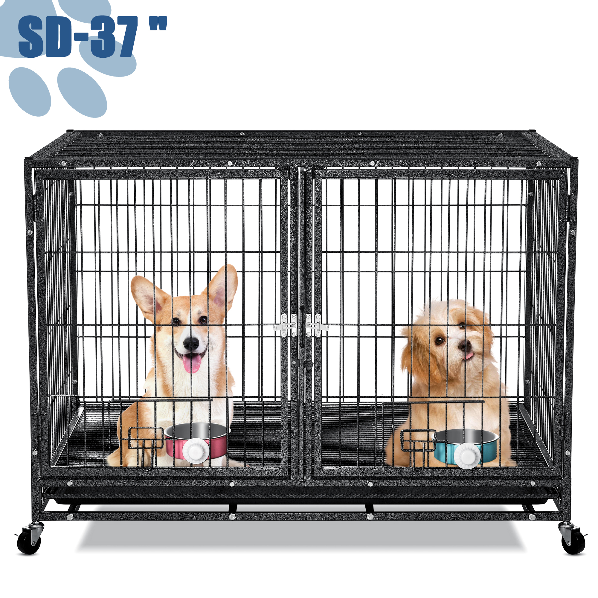 Suchown 37" Heavy Duty Dog Crate for Large Dogs, 2-in-1 Stackable Dog Kennels and Metal Wire Cages With Wheels,Sturdy Locks Design, Feeding Bowls,Leak-Proof Pan,Double Door and Removable Tray Design