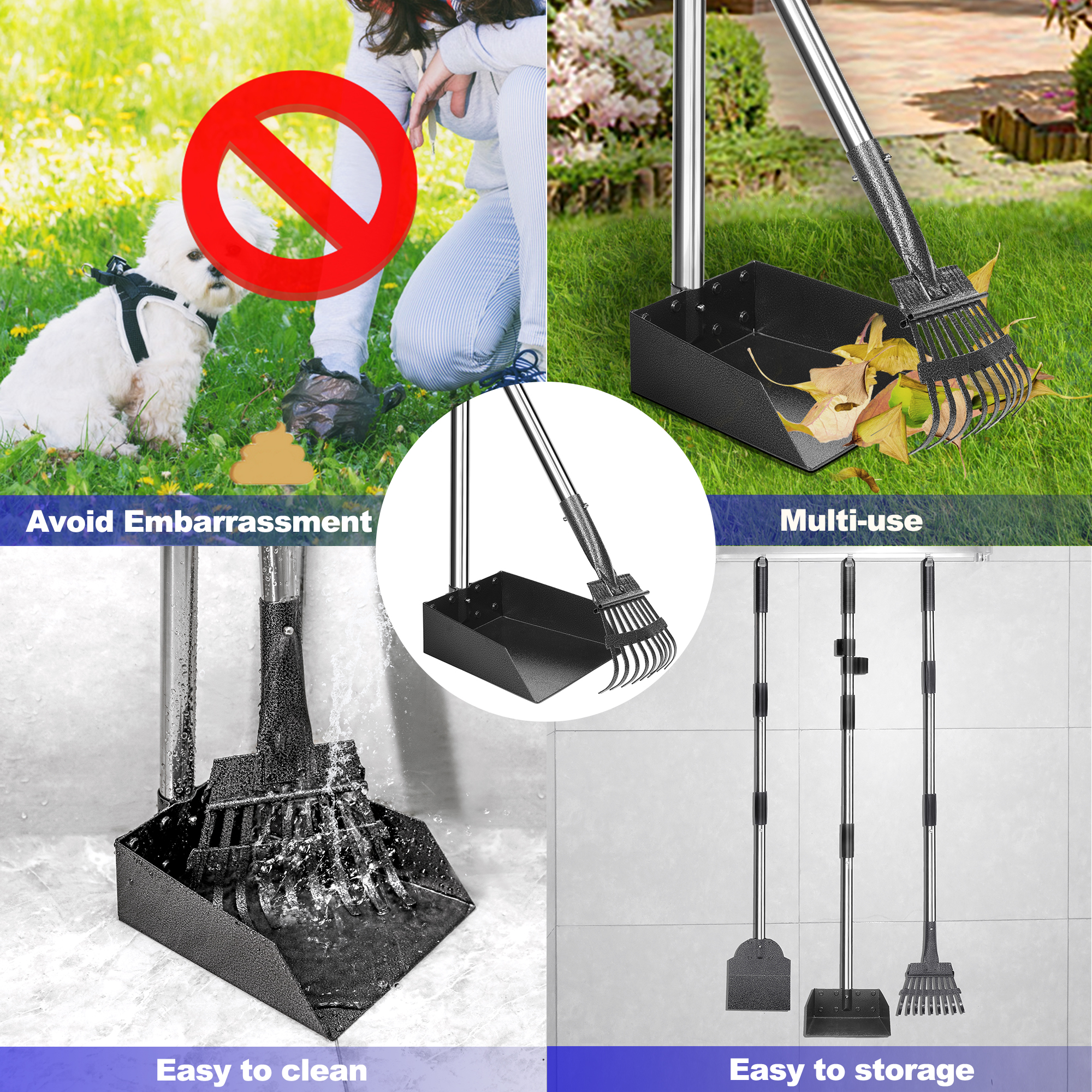 Suchown Dog Pooper Scooper, Tray, Rake and Spade 3 Pack Poop Scooper Adjustable Long Handle Metal with Bin for Pet Waste Removal, No Bending Clean Up Dog Pooper Scooper for Large, Medium and Small Dog