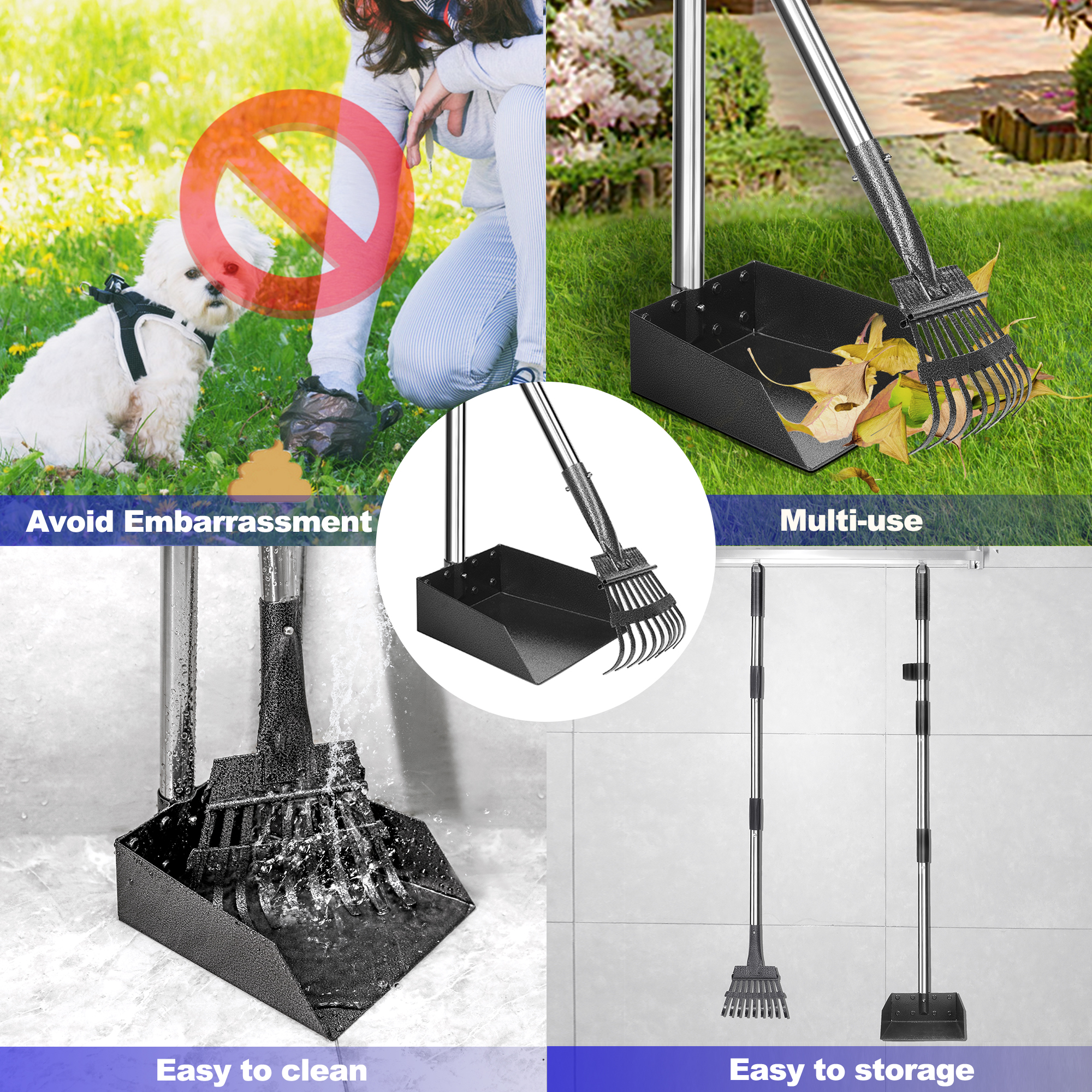 Suchown Dog Pooper Scooper, Tray and Rake 2 Pack Poop Scooper Adjustable Long Handle Metal with Bin for Pet Waste Removal, No Bending Clean Up Dog Pooper Scooper for Large, Medium and Small Dogs