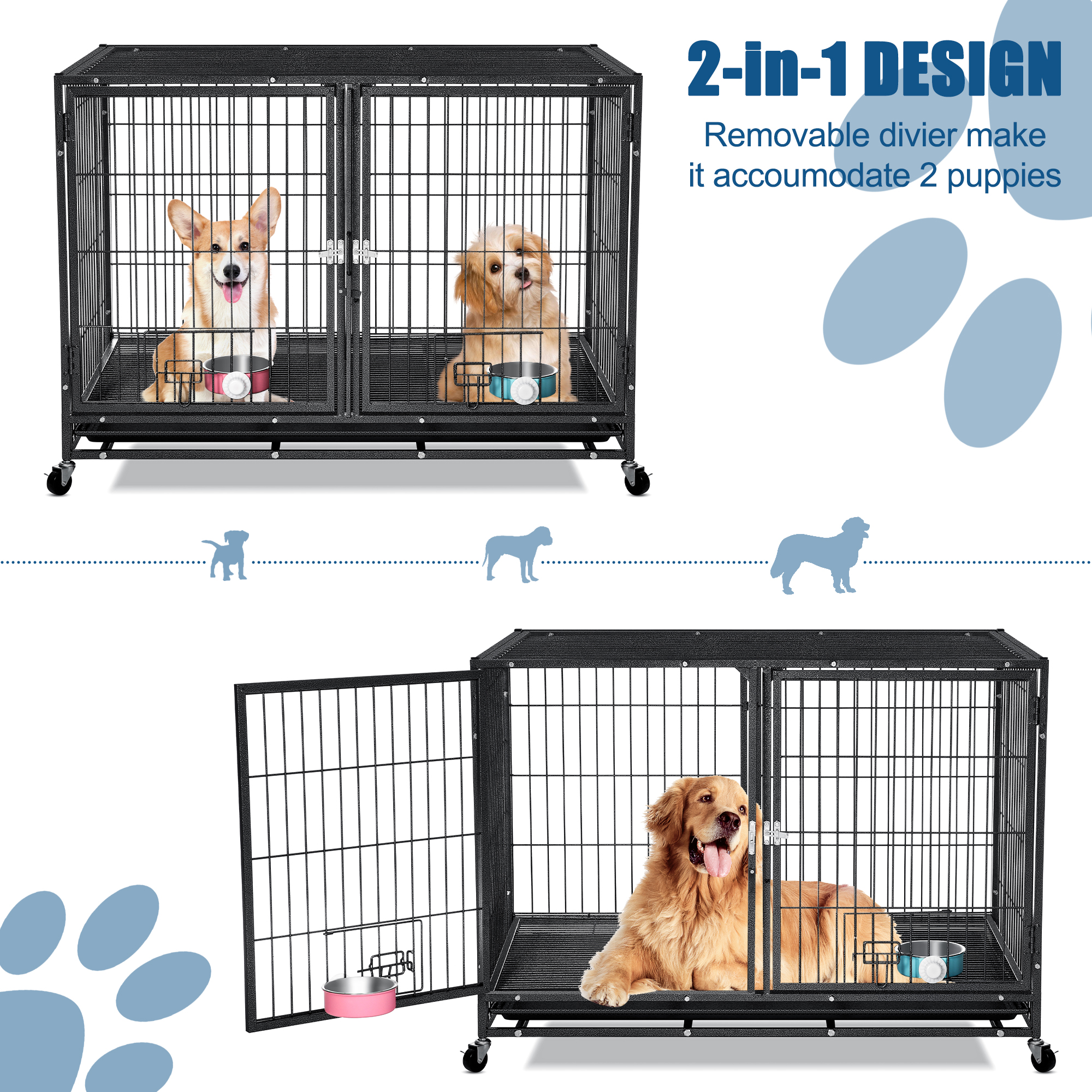 Suchown 44" Heavy Duty Dog Crate for Large Dogs, 2-in-1 Stackable Dog Kennels and Metal Wire Cages With Wheels,Sturdy Locks Design, Feeding Bowls,Leak-Proof Pan,Double Door and Removable Tray Design