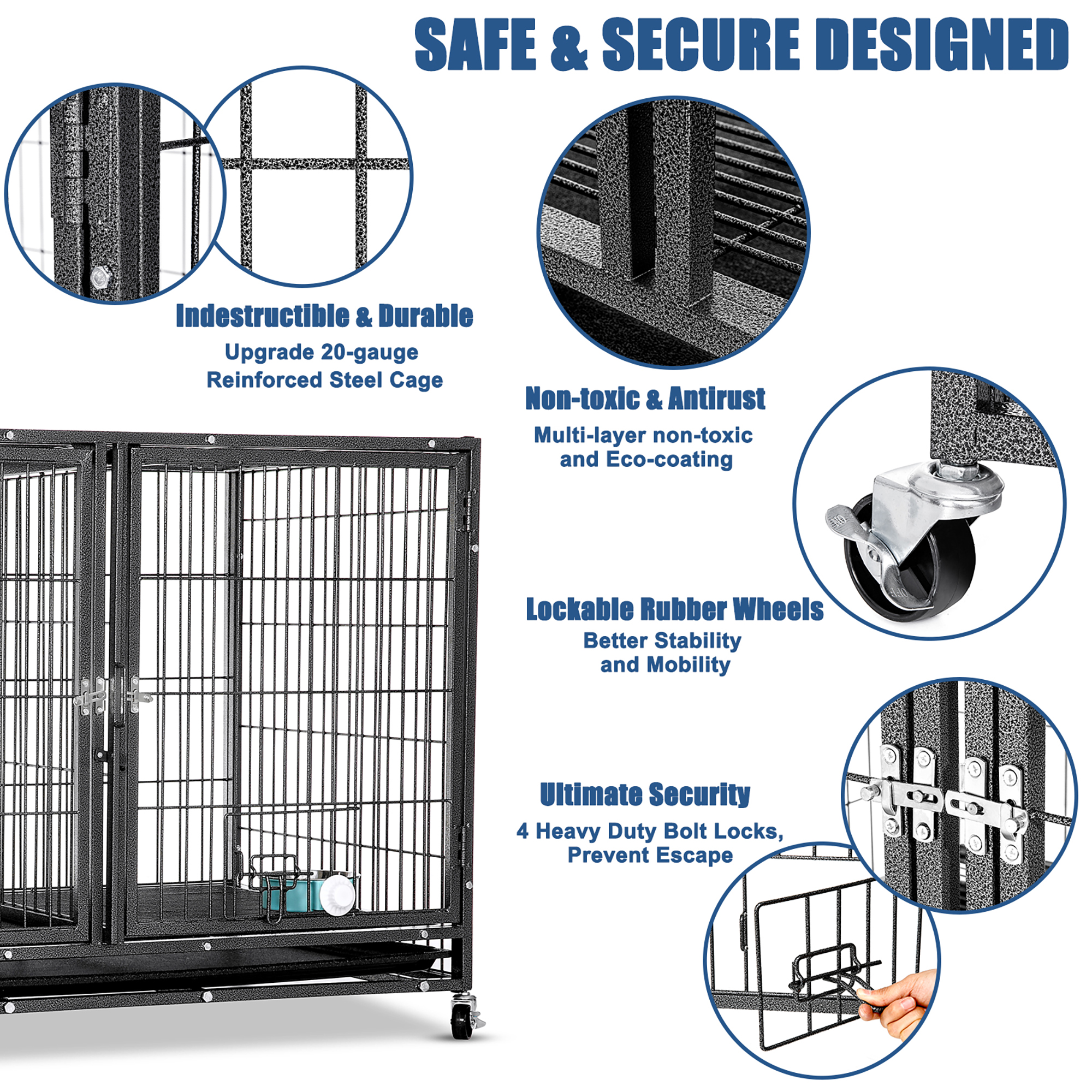 Suchown 44" Heavy Duty Dog Crate for Large Dogs, 2-in-1 Stackable Dog Kennels and Metal Wire Cages With Wheels,Sturdy Locks Design, Feeding Bowls,Leak-Proof Pan,Double Door and Removable Tray Design