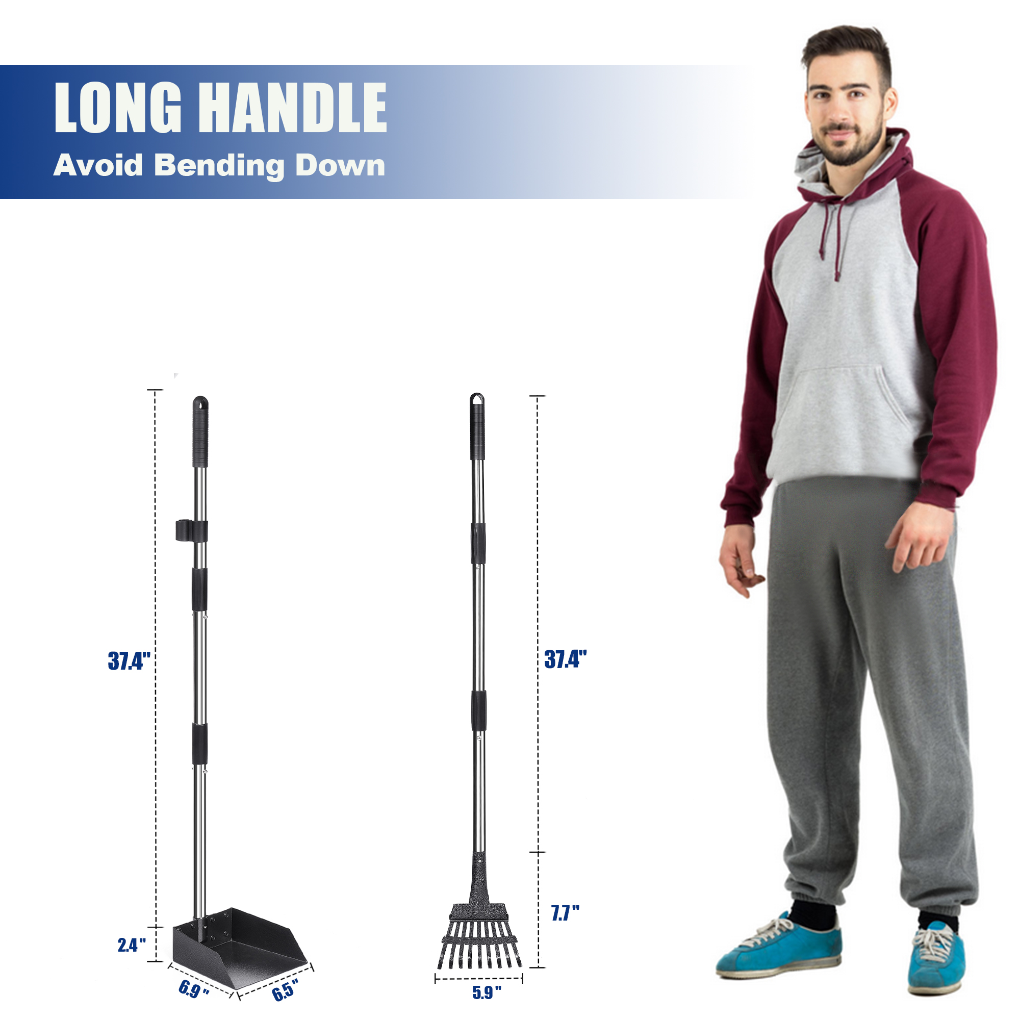 Suchown Dog Pooper Scooper, Tray and Rake 2 Pack Poop Scooper Adjustable Long Handle Metal with Bin for Pet Waste Removal, No Bending Clean Up Dog Pooper Scooper for Large, Medium and Small Dogs