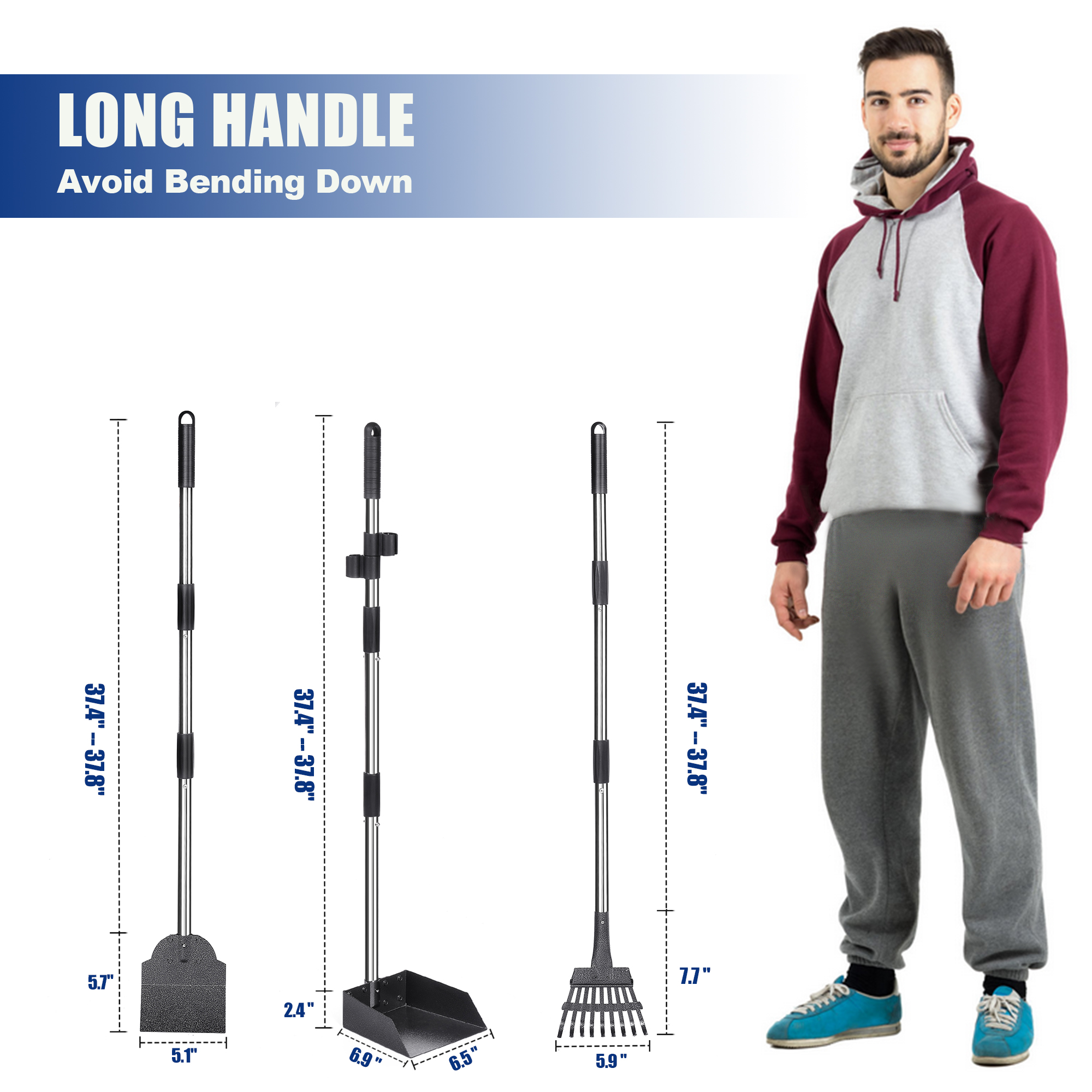 Suchown Dog Pooper Scooper, Tray, Rake and Spade 3 Pack Poop Scooper Adjustable Long Handle Metal with Bin for Pet Waste Removal, No Bending Clean Up Dog Pooper Scooper for Large, Medium and Small Dog