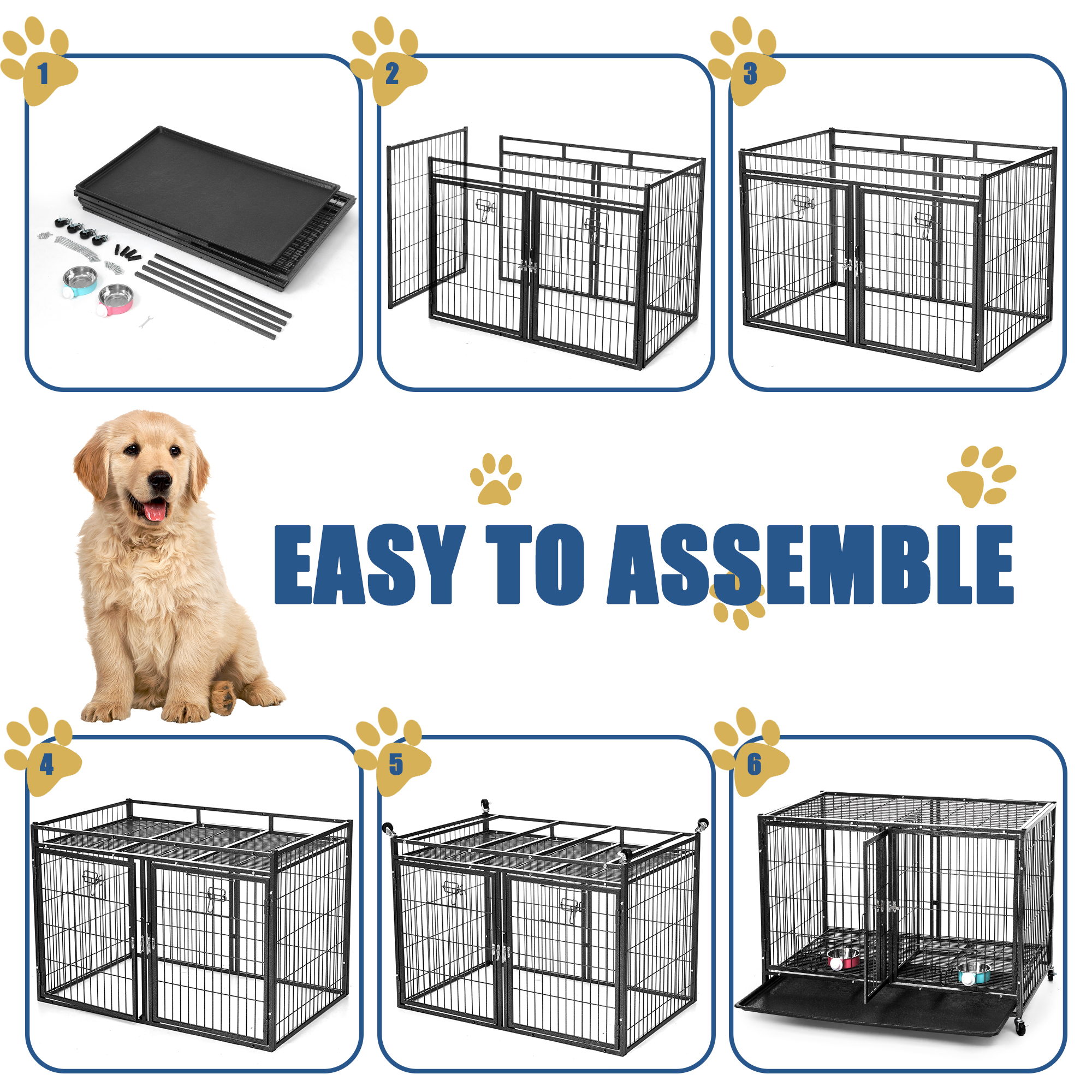 Suchown 44" Heavy Duty Dog Crate for Large Dogs, 2-in-1 Stackable Dog Kennels and Metal Wire Cages With Wheels,Sturdy Locks Design, Feeding Bowls,Leak-Proof Pan,Double Door and Removable Tray Design