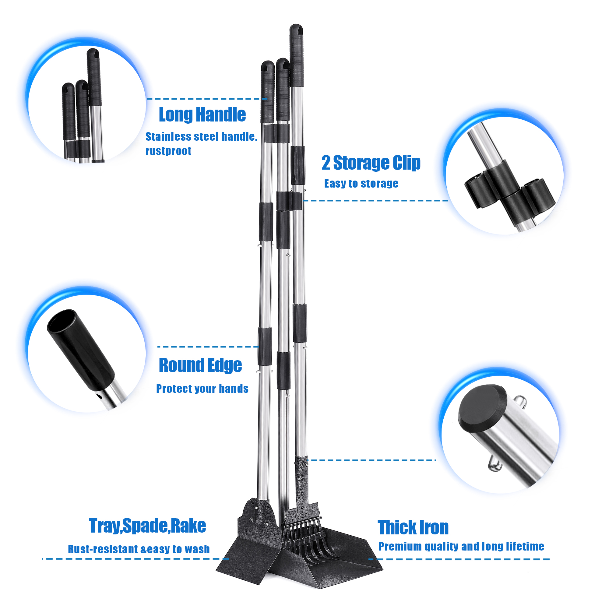 Suchown Dog Pooper Scooper, Tray, Rake and Spade 3 Pack Poop Scooper Adjustable Long Handle Metal with Bin for Pet Waste Removal, No Bending Clean Up Dog Pooper Scooper for Large, Medium and Small Dog