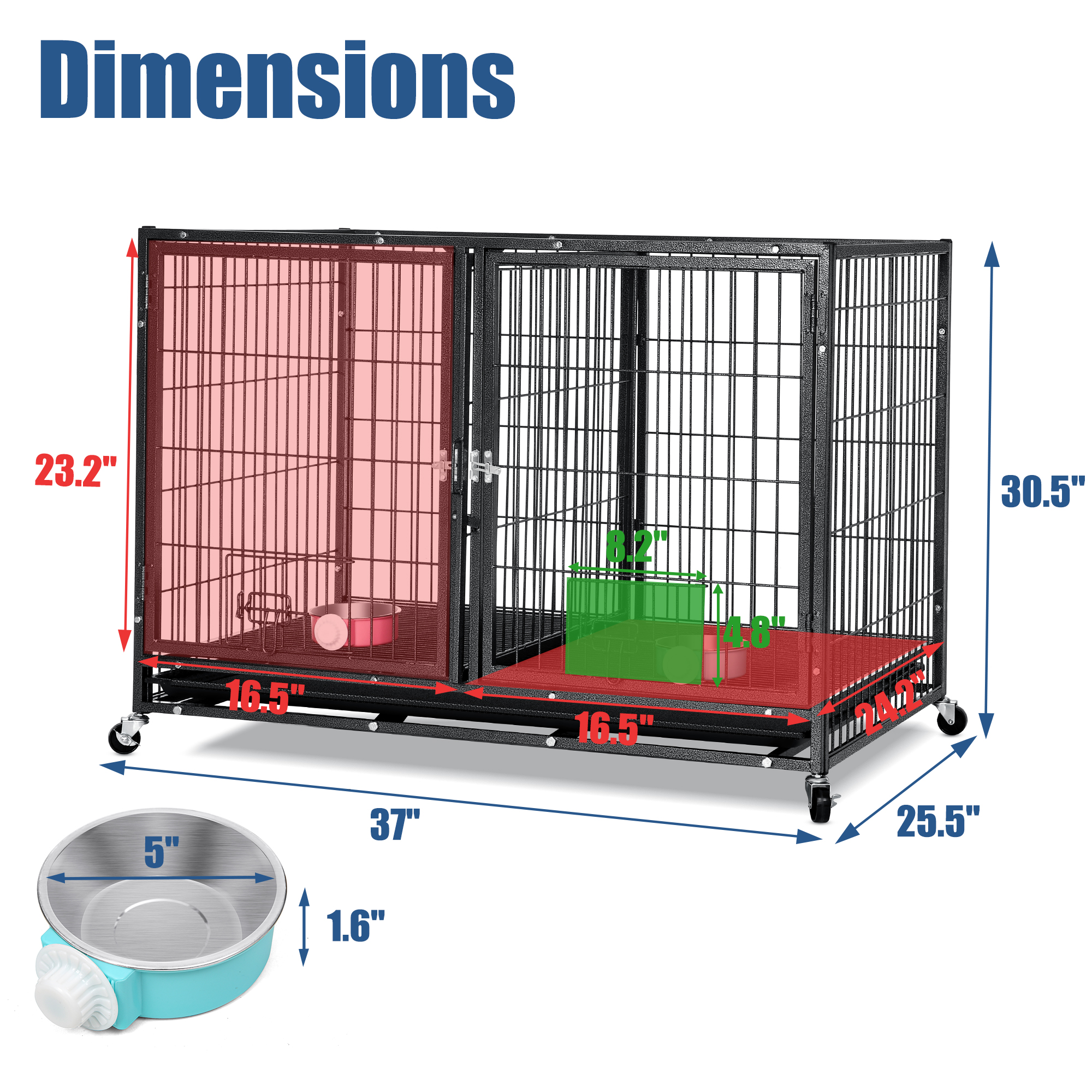 Suchown 37" Heavy Duty Dog Crate for Large Dogs, 2-in-1 Stackable Dog Kennels and Metal Wire Cages With Wheels,Sturdy Locks Design, Feeding Bowls,Leak-Proof Pan,Double Door and Removable Tray Design