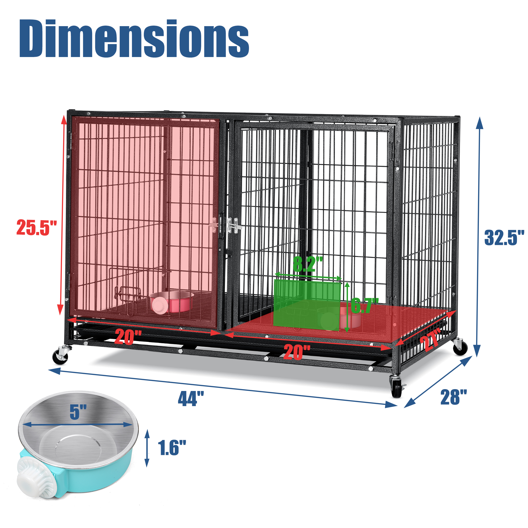 Suchown 44" Heavy Duty Dog Crate for Large Dogs, 2-in-1 Stackable Dog Kennels and Metal Wire Cages With Wheels,Sturdy Locks Design, Feeding Bowls,Leak-Proof Pan,Double Door and Removable Tray Design