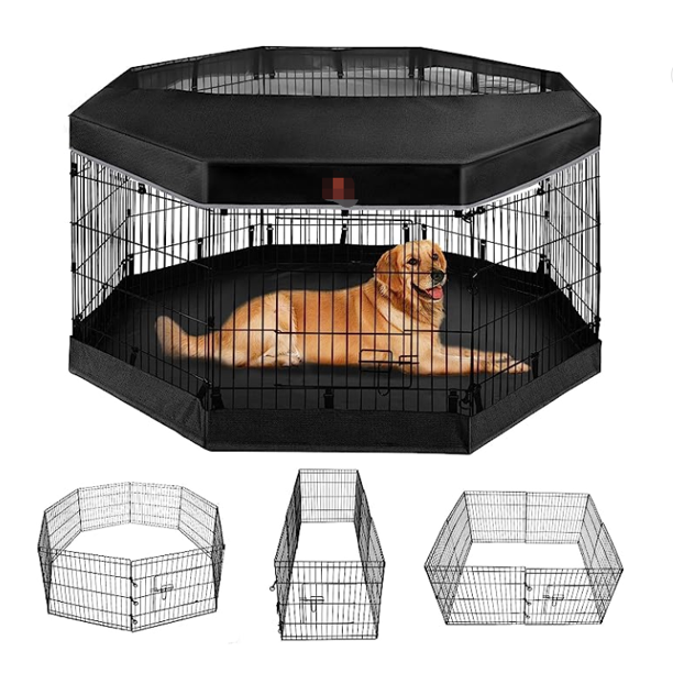 Suchown  Dog Playpen - Metal Foldable Dog Exercise Pen 24'' High 8 Panels  Playpen + Bottom Pad+Top Cover