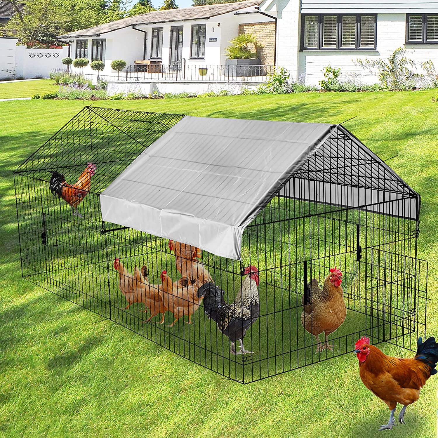 Suchown 87''x40''Chicken Coop,Large Metal Chicken Cage House,Foldable Outdoor Coop With Waterproof & UV Protection Cover