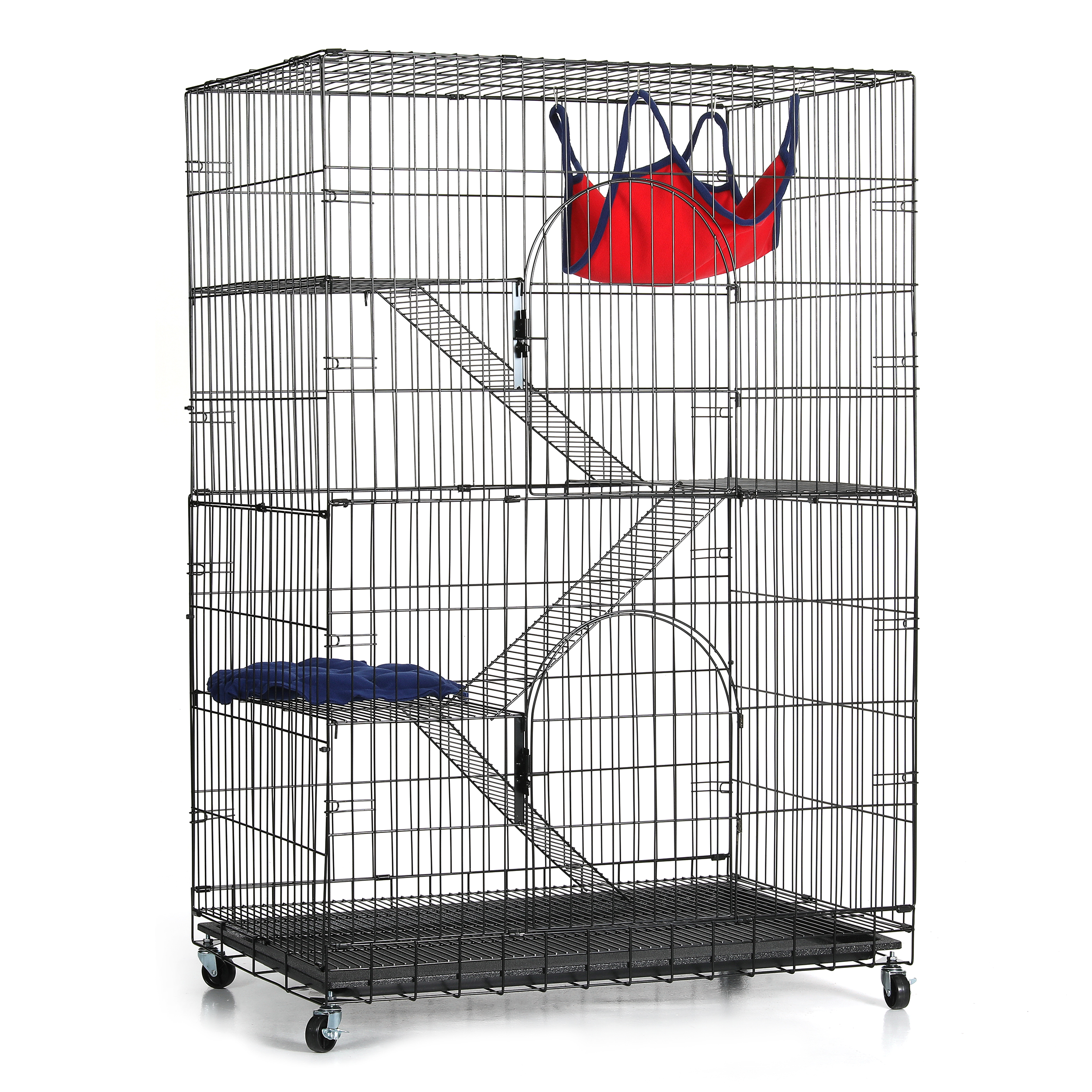 Suchown 4 Tier Cat Cage Indoor, Metal Pet Playpen Rust Resistant Kitten Crate with Caster Wheels, Foldable Cat Home with 2 Doors, Removable Leak-Proof Pan, Black