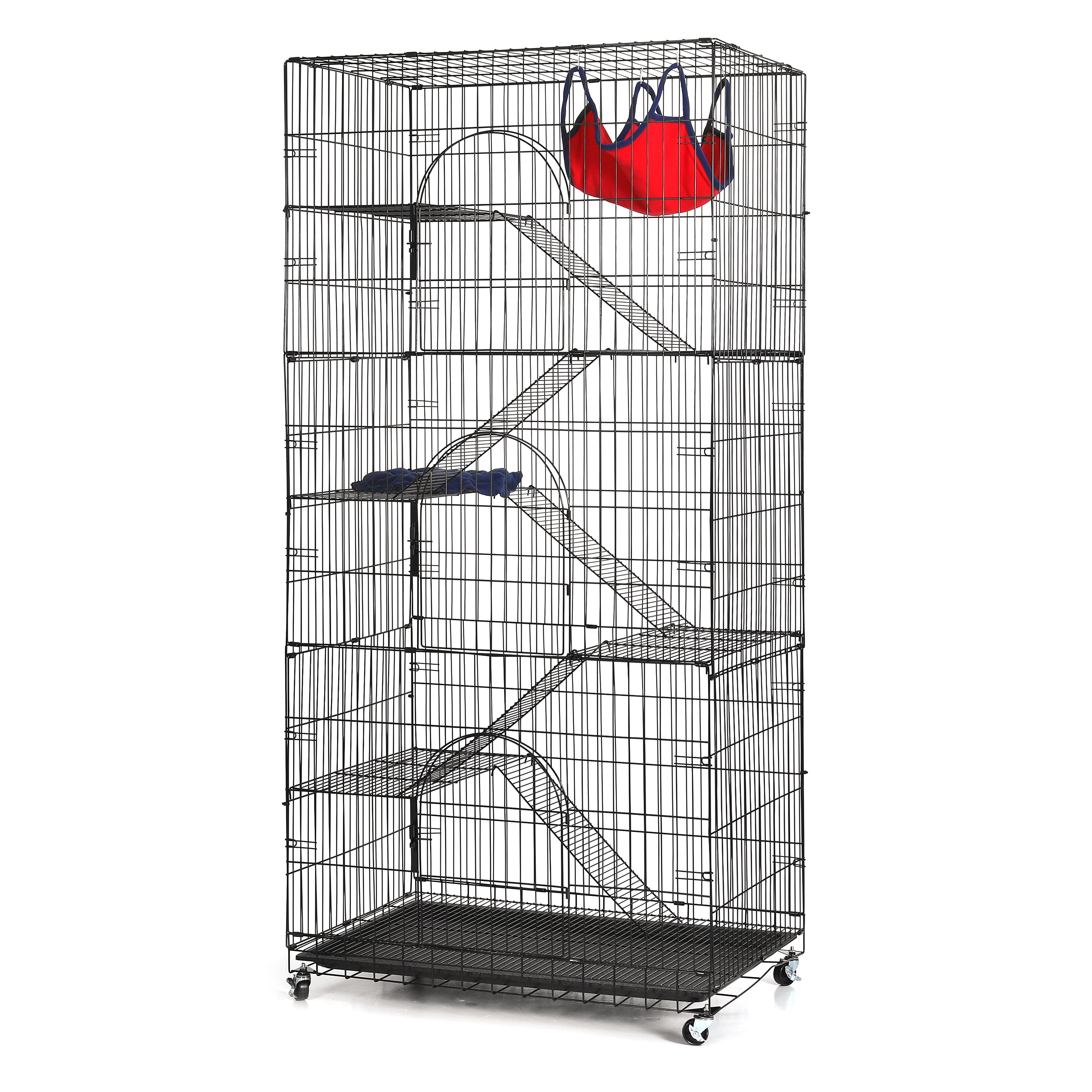 Suchown 6 Tier Cat Cage Indoor, Metal Pet Playpen Rust Resistant Kitten Crate with Caster Wheels, Foldable Cat Home with 3 Doors, Removable Leak-Proof Pan, Black