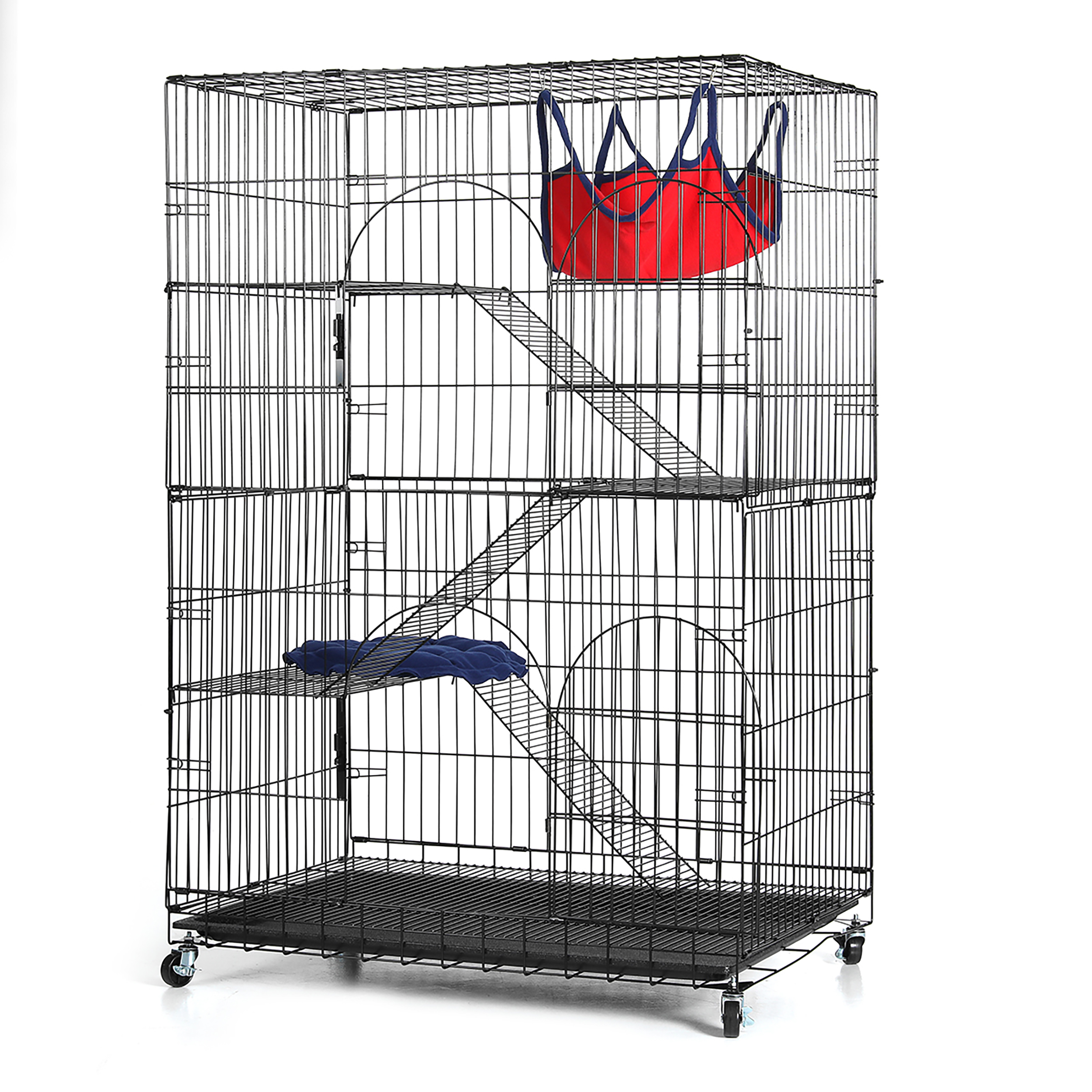 Suchown 4 Tier Cat Cage Indoor, Metal Pet Playpen Rust Resistant Kitten Crate with Caster Wheels, Foldable Cat Home with 2 Doors, Removable Leak-Proof Pan, Black