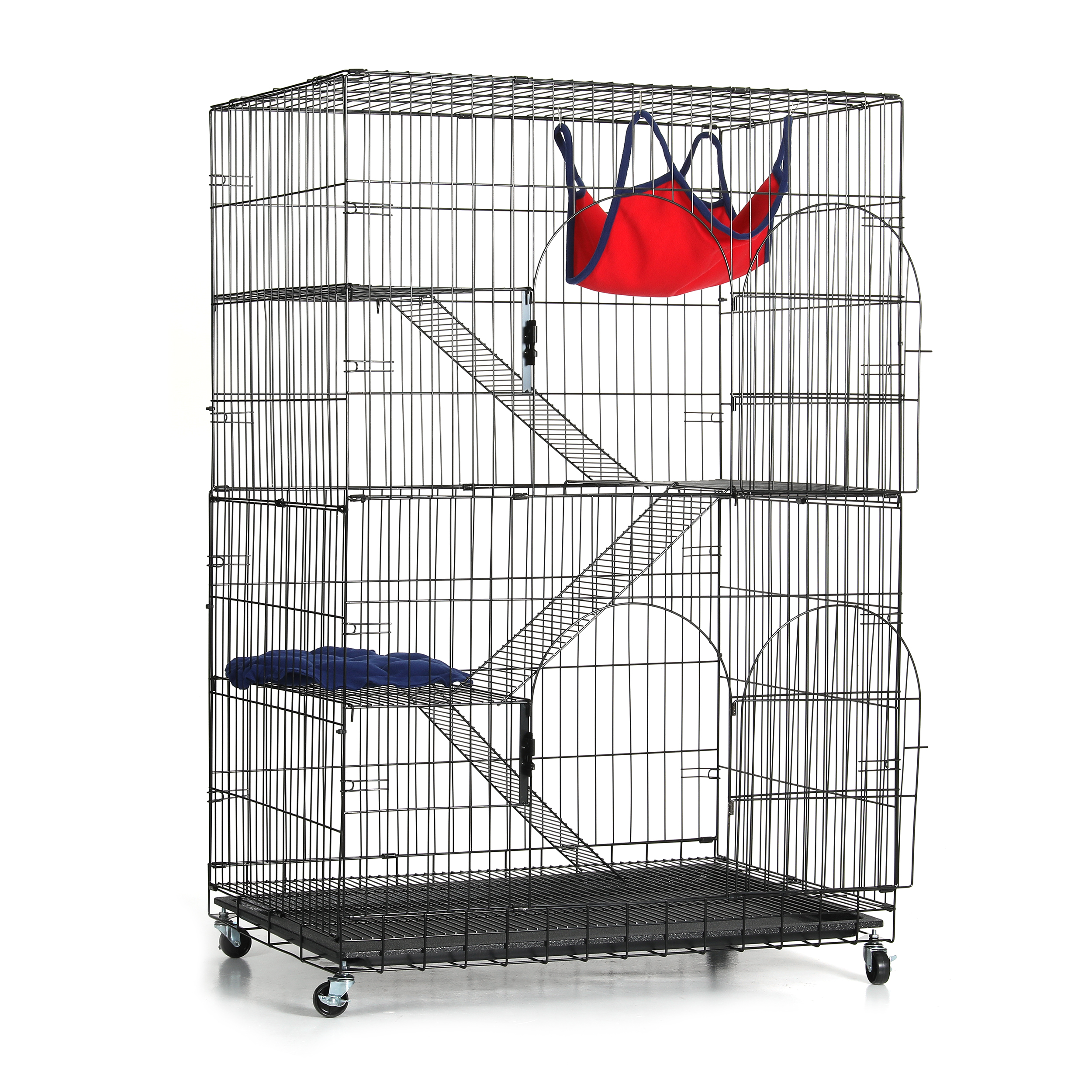 Suchown 4 Tier Cat Cage Indoor, Metal Pet Playpen Rust Resistant Kitten Crate with Caster Wheels, Foldable Cat Home with 2 Doors, Removable Leak-Proof Pan, Black