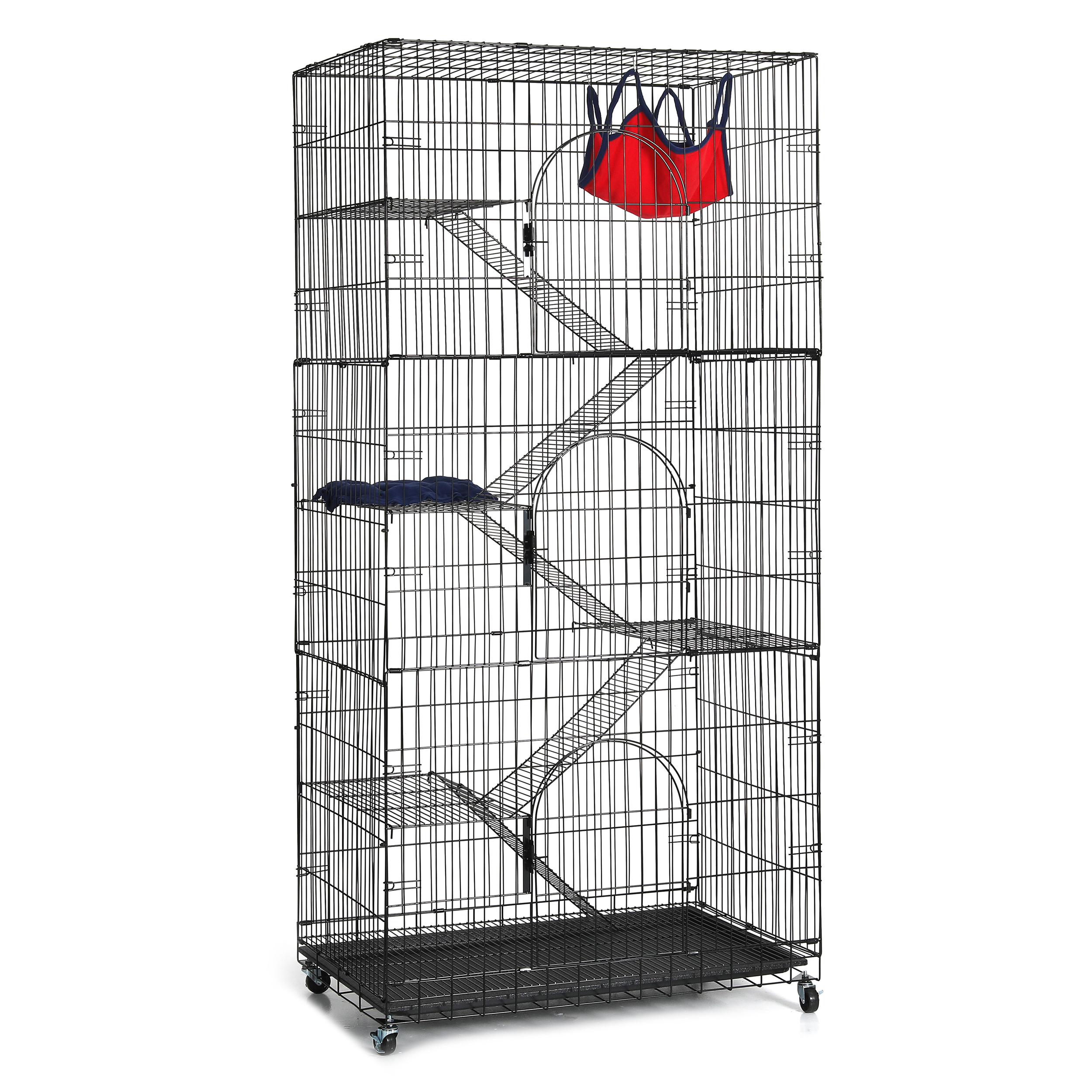 Suchown 6 Tier Cat Cage Indoor, Metal Pet Playpen Rust Resistant Kitten Crate with Caster Wheels, Foldable Cat Home with 3 Doors, Removable Leak-Proof Pan, Black