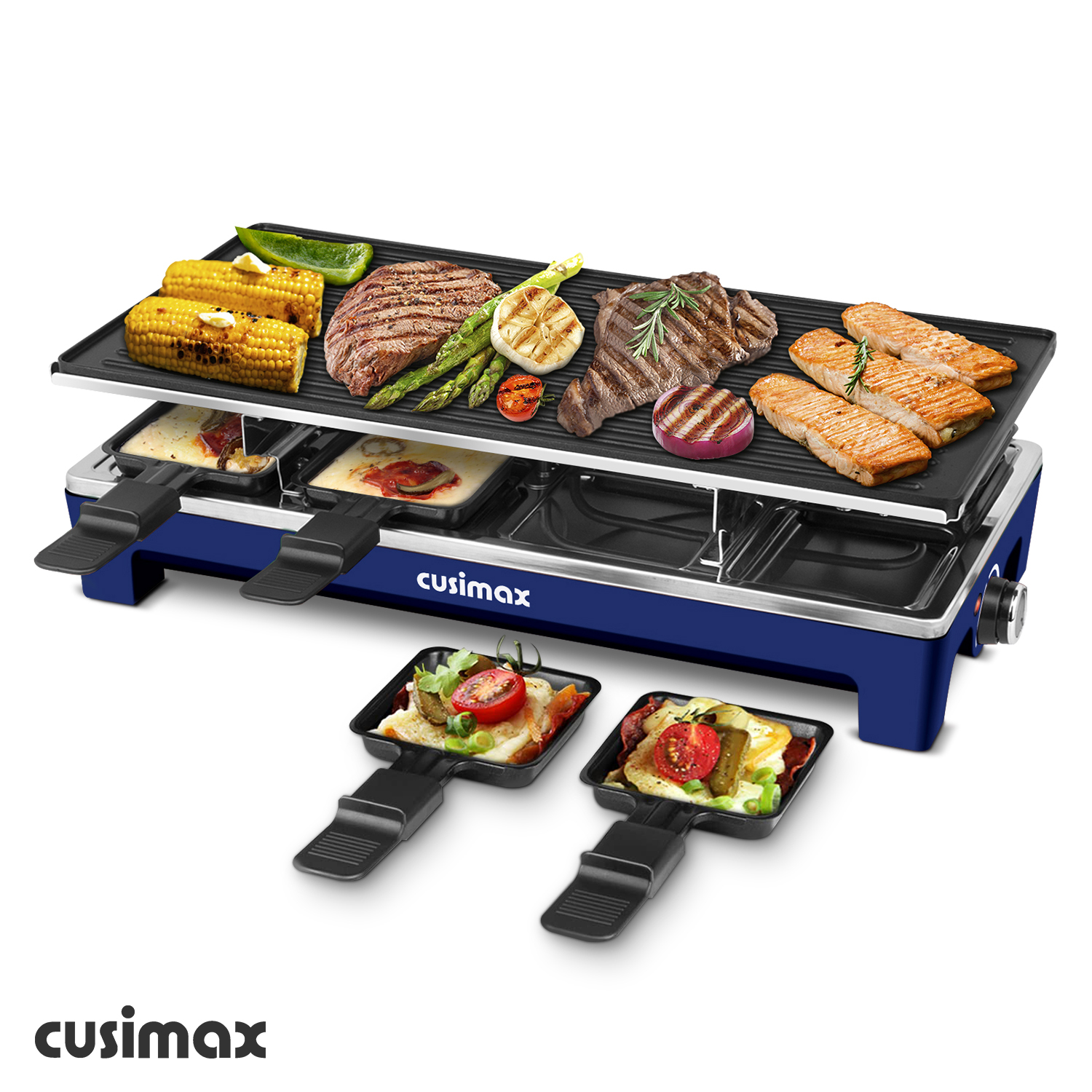 Cusimax 1500W Blue Indoor Portable 2 in 1 Electric Raclette Grill-Cusimax