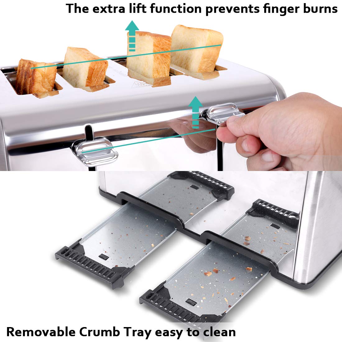 Cusimax Stainless Steel Toaster 4 Slice with Long Extra Wide Slots & R