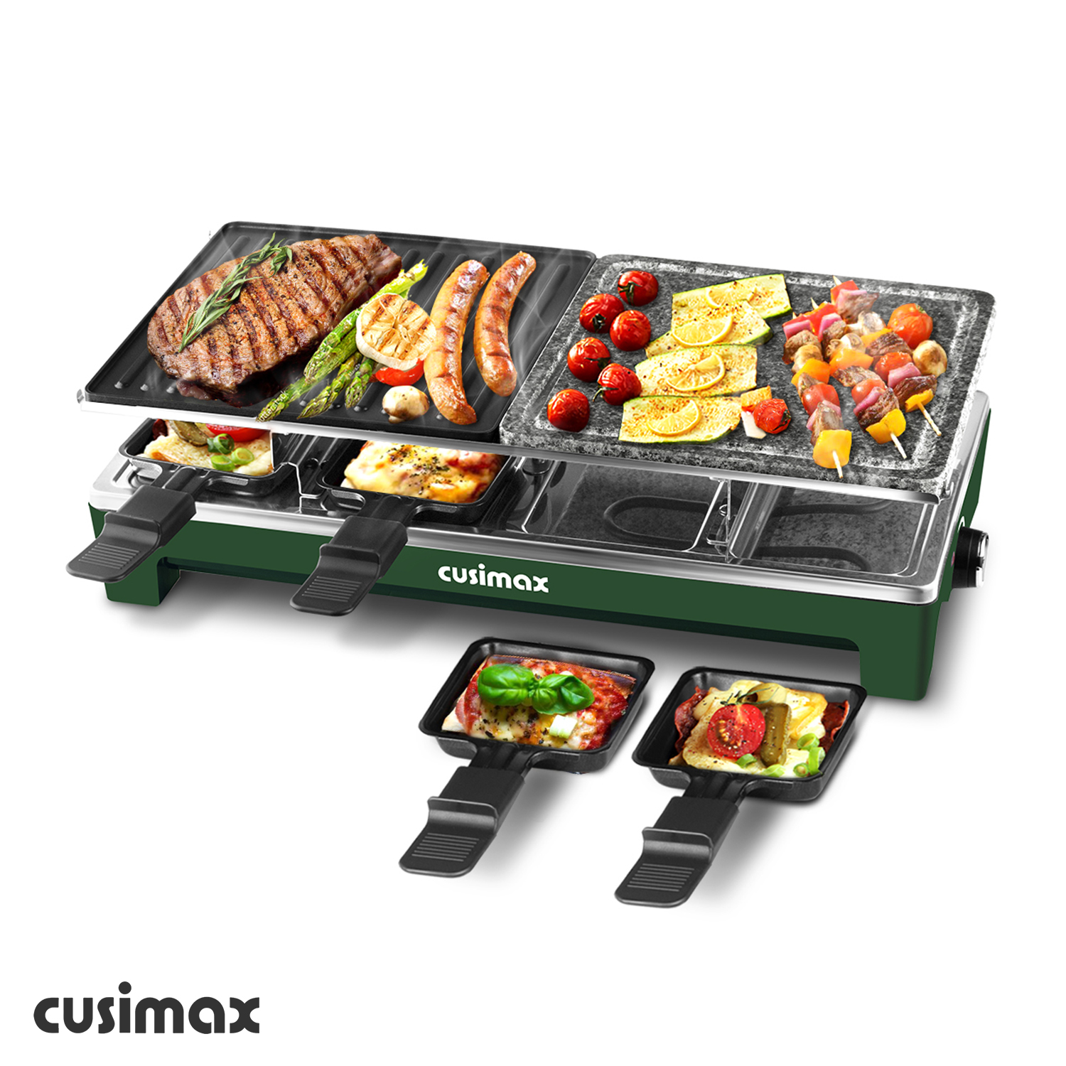 Cusimax 1500W  Indoor Portable 2 in 1 Green Half Stone Electric Raclette Grill-Cusimax