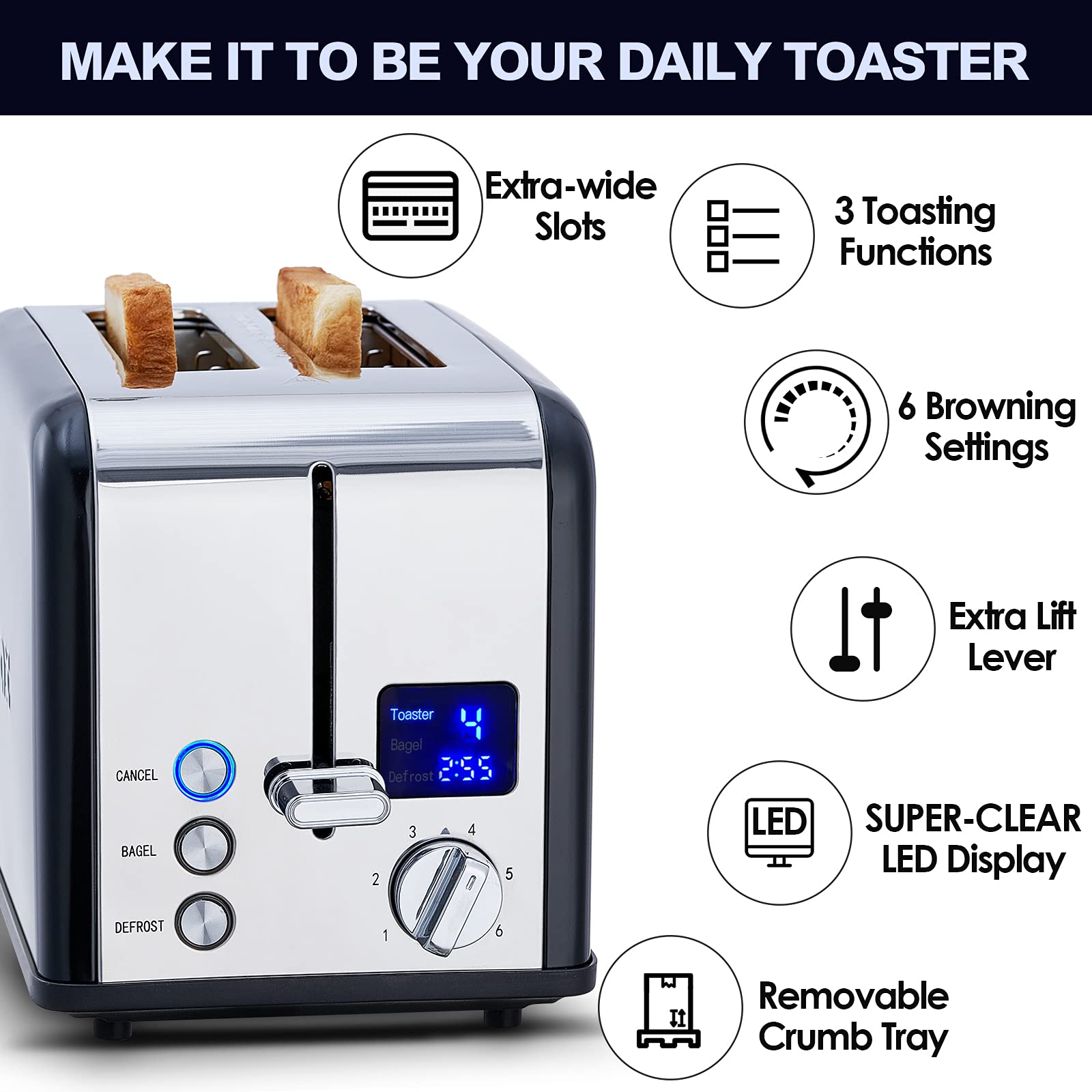 Toaster 2 Slice, CUSIMAX Toaster Long Slot with Glass Window Bagel  Toasters, Artisan Bread Toaster Stainless Steel Wide Slot with Automatic  Lifting