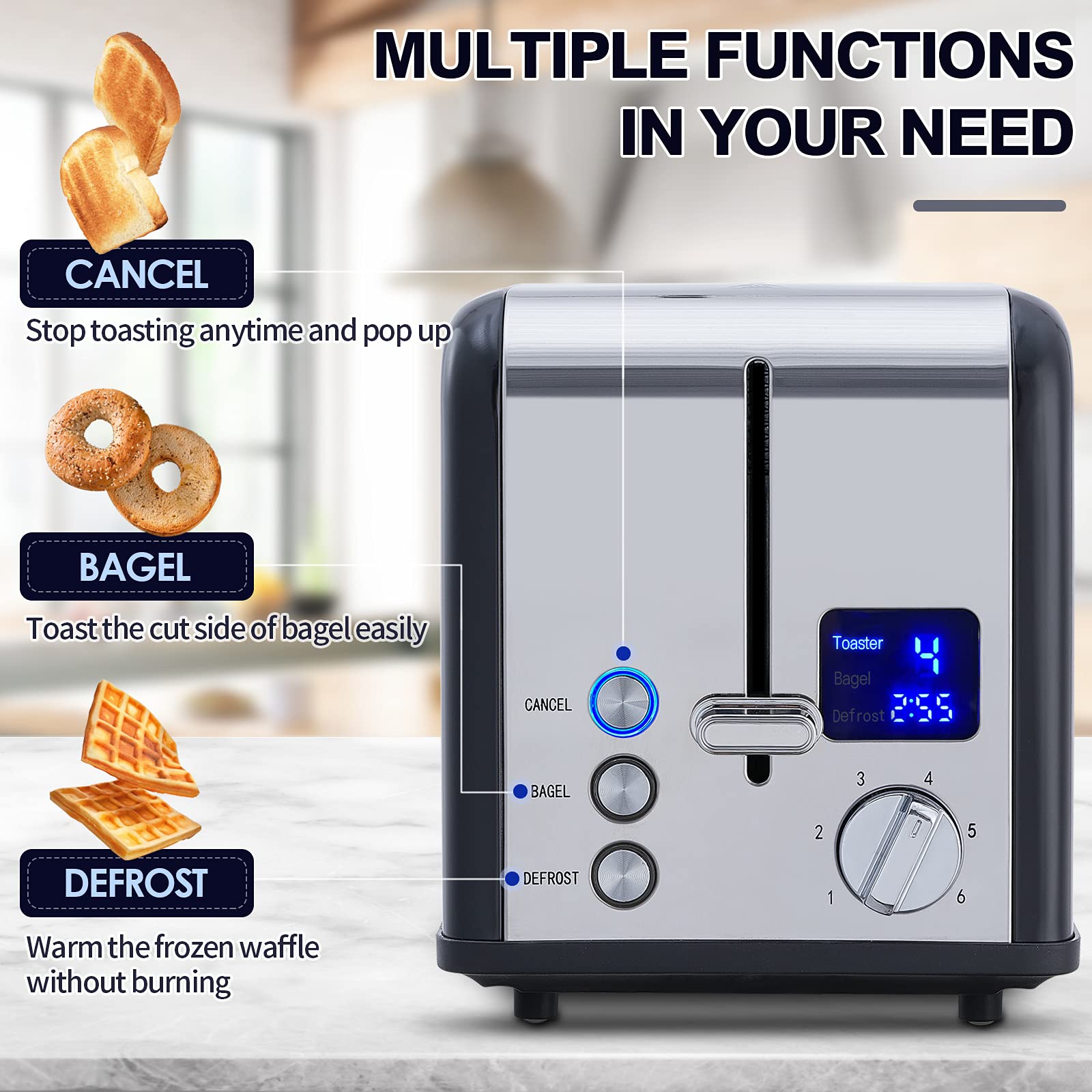 Cusimax 2 Slice Black Stainless Steel Toaster With Large LED Display-Cusimax