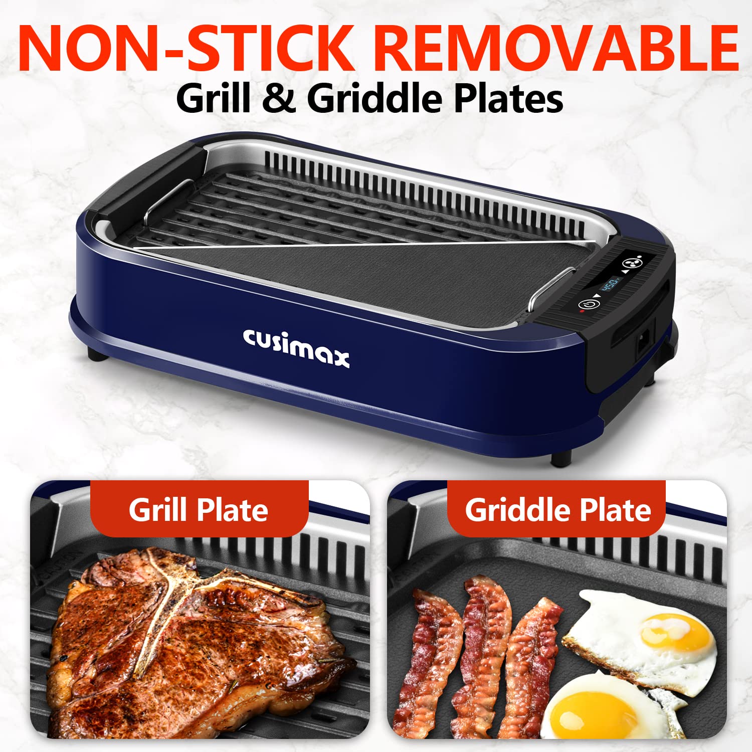 Smokeless Indoor Grill, CUSIMAX Electric Grill with Tempered Glass Lid,  1500 Indoor Grill & Flat Top Griddle for Cusimax Smokeless Grills, Pancake