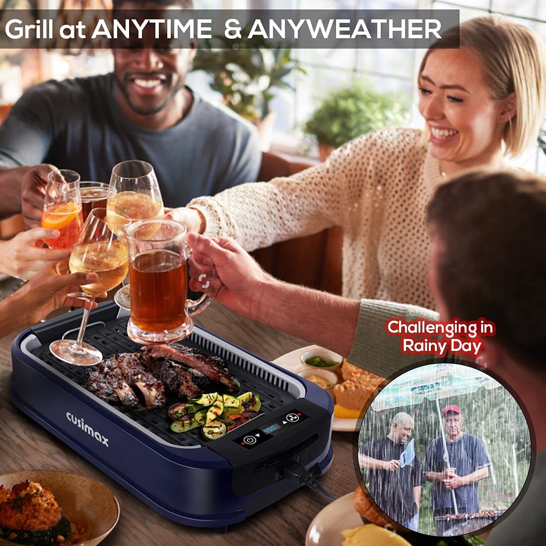 Cusimax Blue Electric Portable Indoor Smokeless Grill(DE)