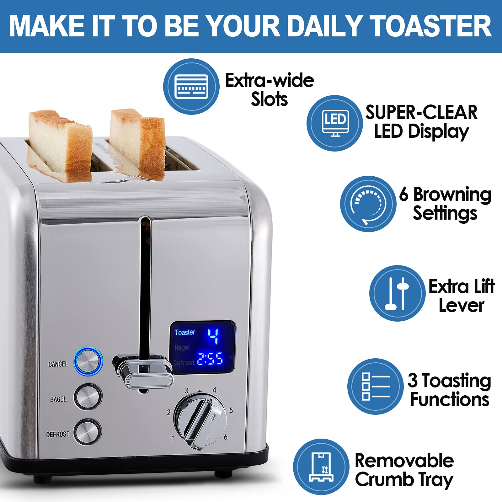 Toaster 2 Slice, CUSIMAX Toaster Long Slot with Glass Window Bagel  Toasters, Artisan Bread Toaster Stainless Steel Wide Slot with Automatic  Lifting