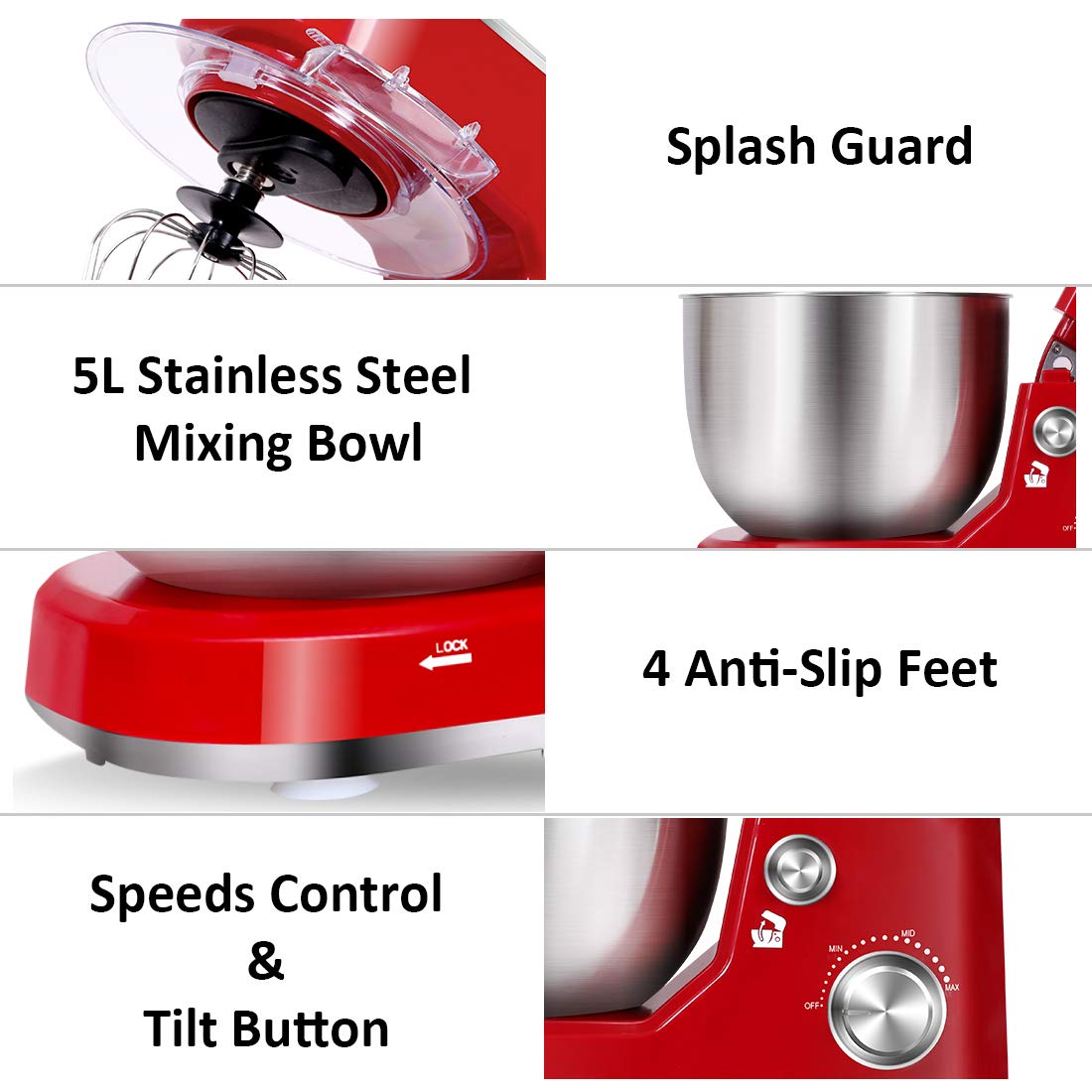 Cusimax Red Stand Mixer With 5Quart Stainless Steel BowlCusimax