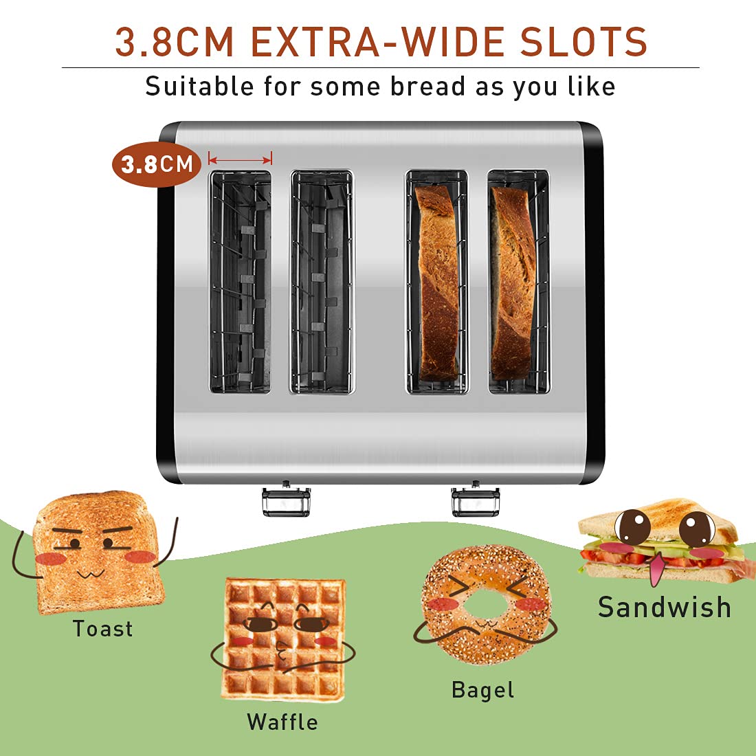 Cusimax Stainless Steel Toaster 4 Slice with Long Extra Wide Slots & R