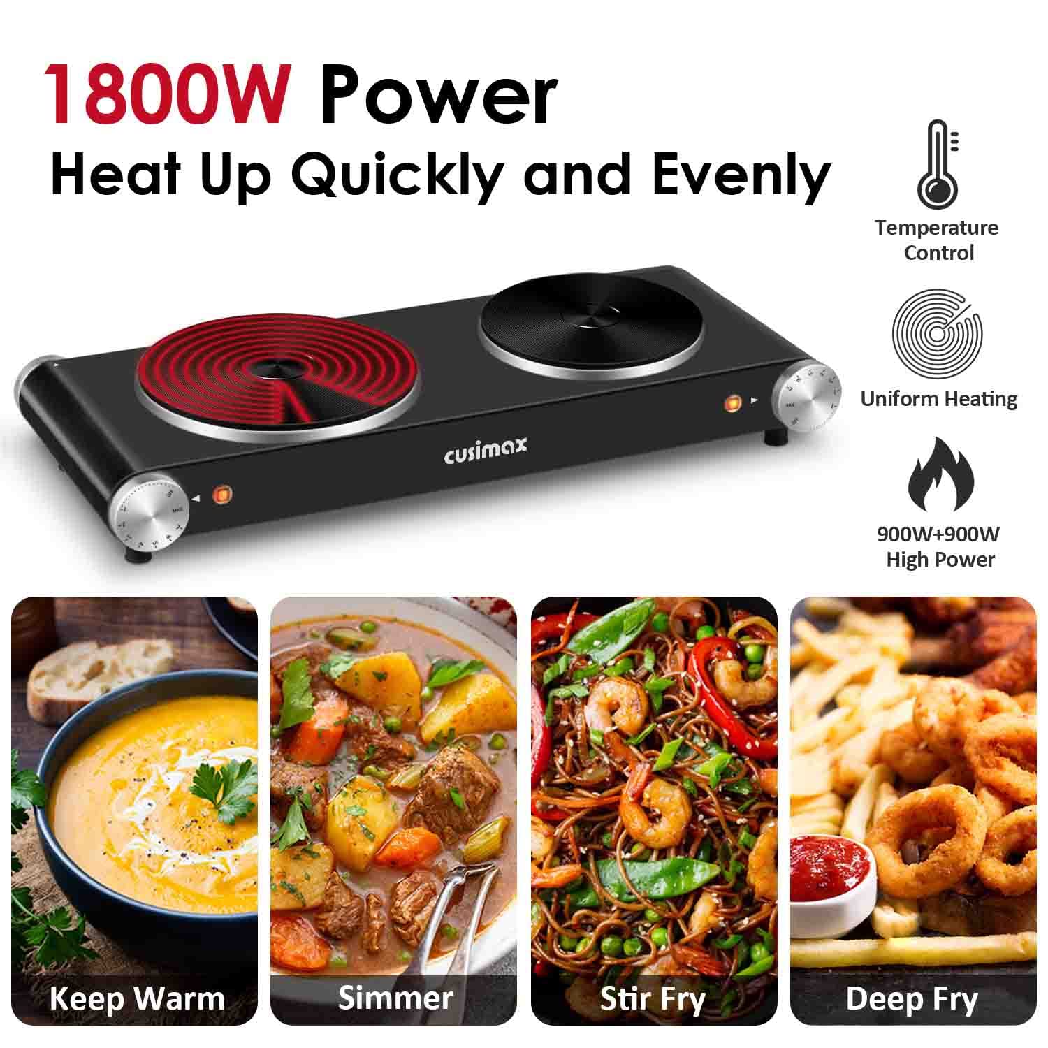 Cusimax 1800W Electric Double Hot Plate, Silver Infrared Stove