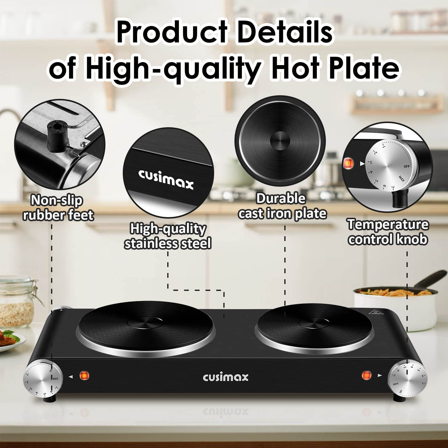 Cusimax Hot Plate Electric Burner Single Burner Cast Iron Hot Plates for Cooking Portable Burner with Adjustable Temperature Control Stainless Steel