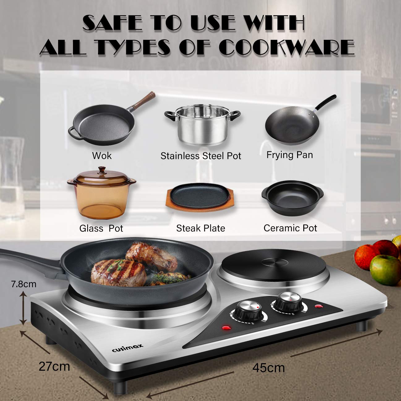 Cusimax 2500W Portable Double Hot Plate for Cooking(UK)