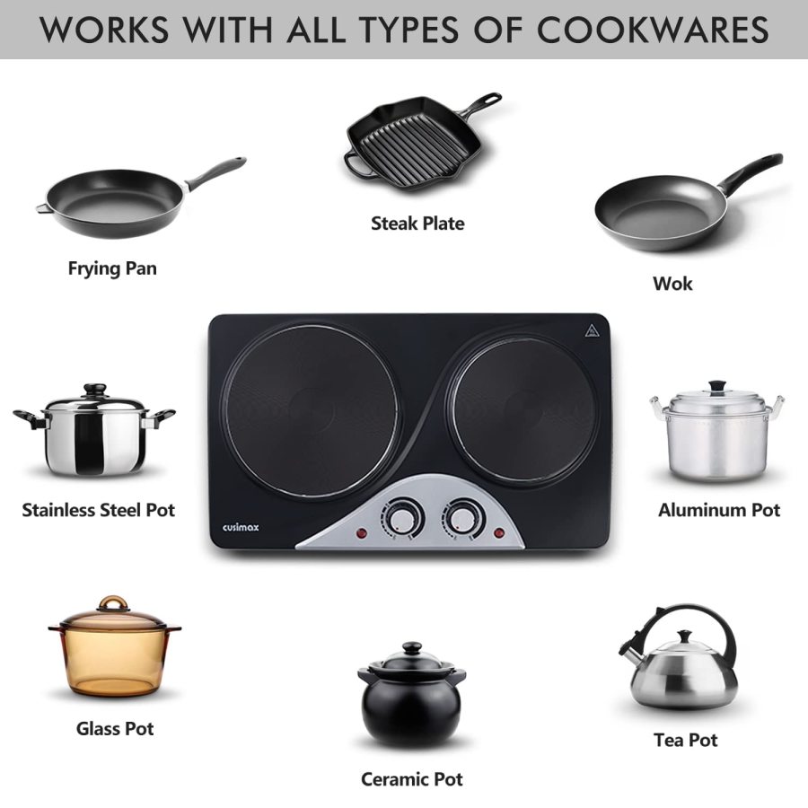 Cusimax 2500W Electric Double Hot Plate,Countertop Cast Iron Burner,Te