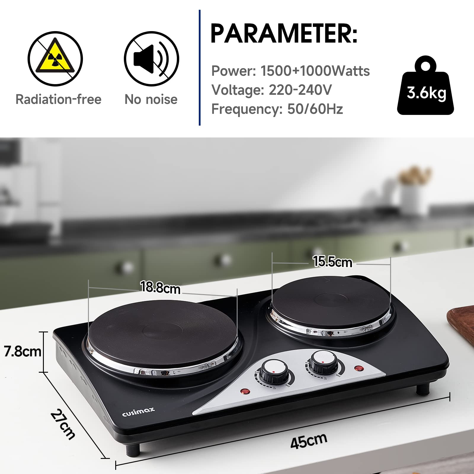 Cusimax 2500W Portable Double Hot Plate for Cooking(UK)