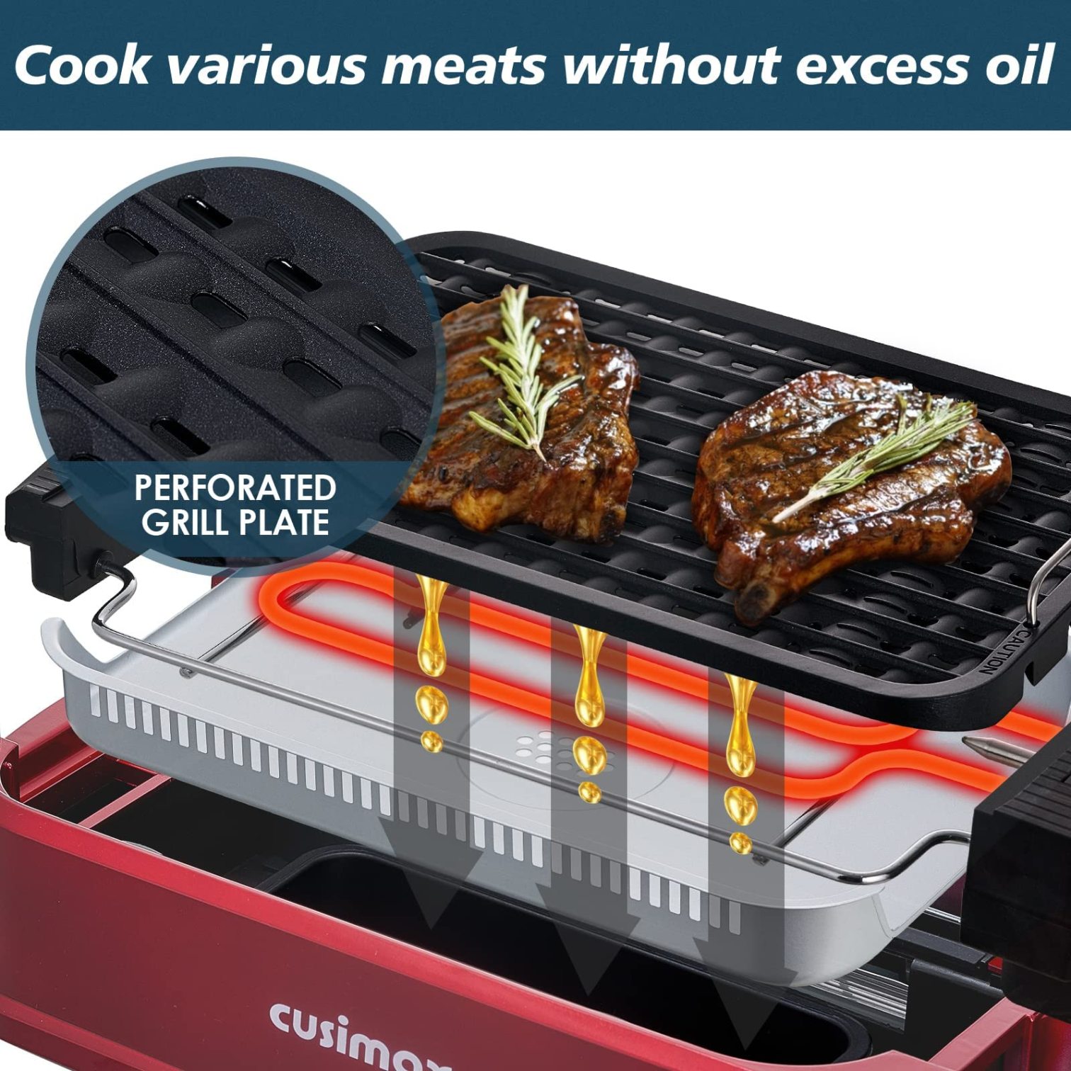 Cusimax 1500W Indoor Smokeless Grill,Electric Grill with LED Smart Dis