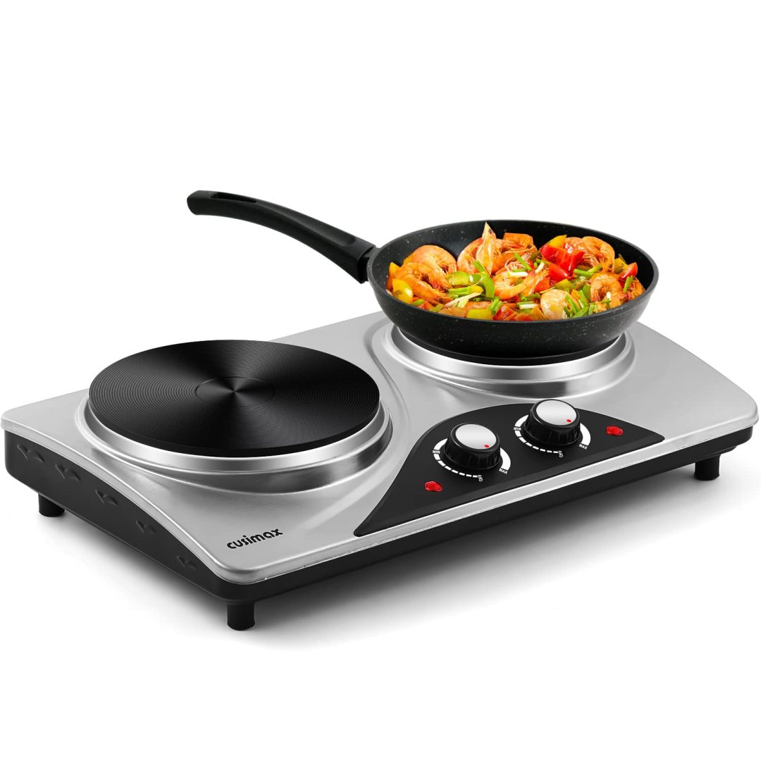 Cusimax 1800W Electric Double Hot Plate,Countertop Cast Iron Burner,Te